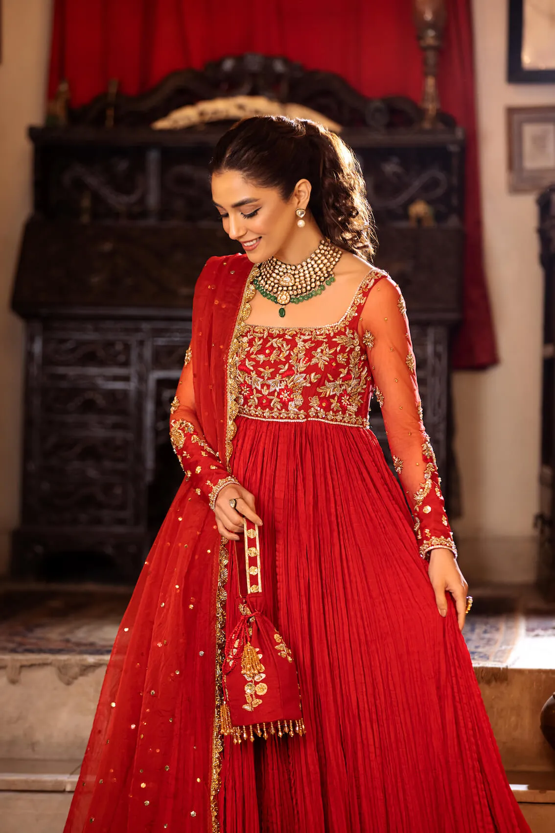 Red Pakistani Wedding Dress In Crushed Pishwas Frock Style