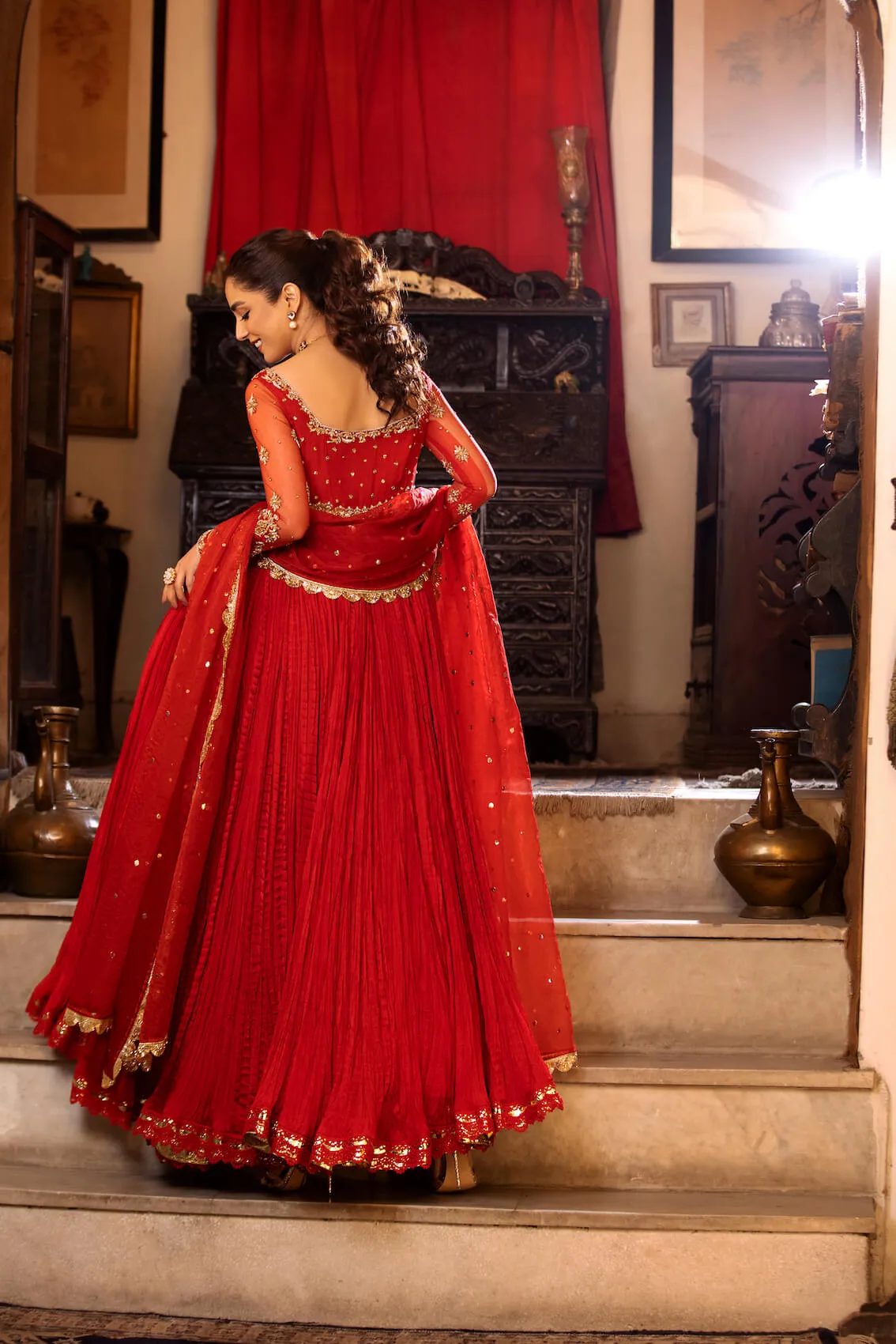 Red Pakistani Wedding Dress In Crushed Pishwas Frock Style