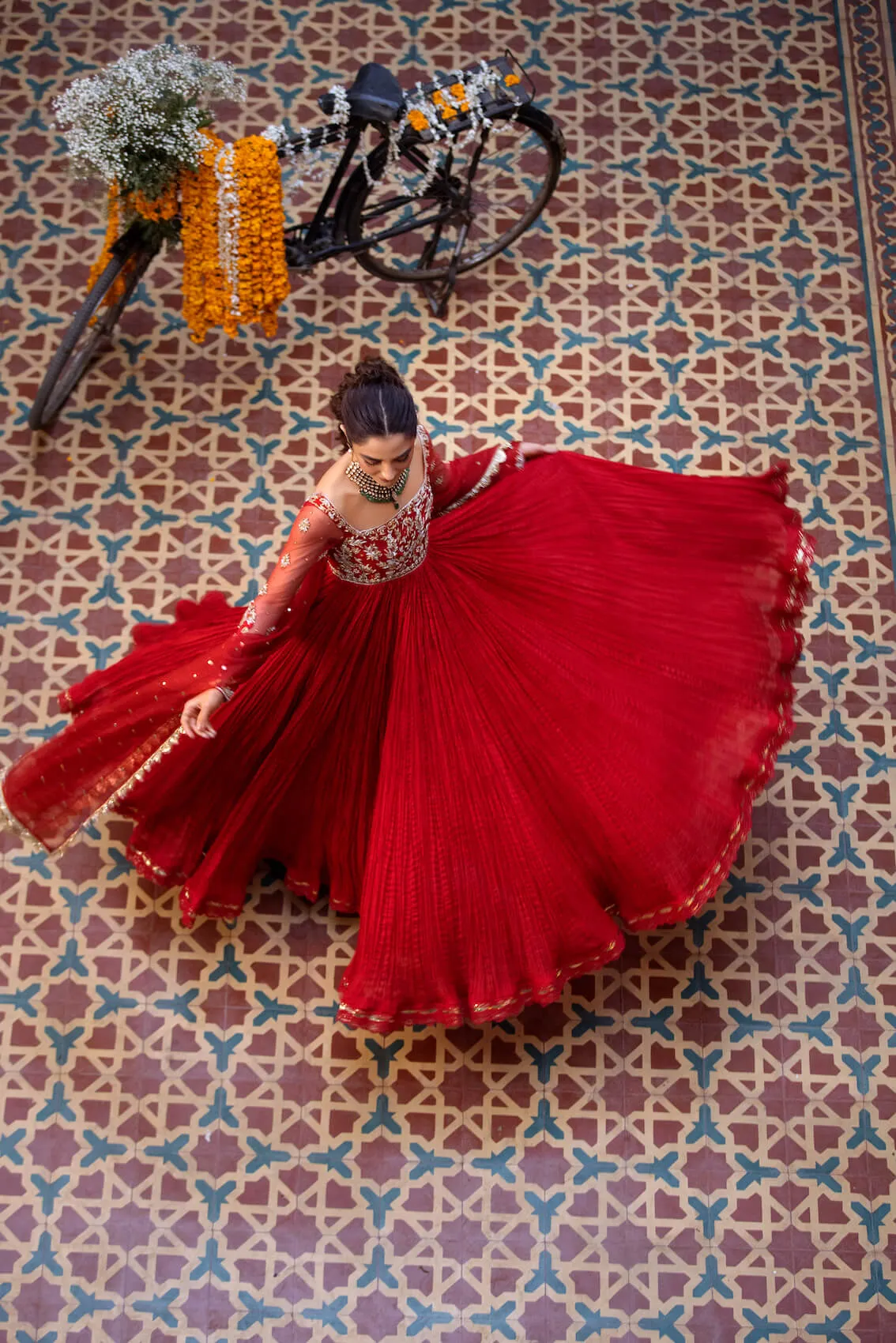 Red Pakistani Wedding Dress In Crushed Pishwas Frock Style