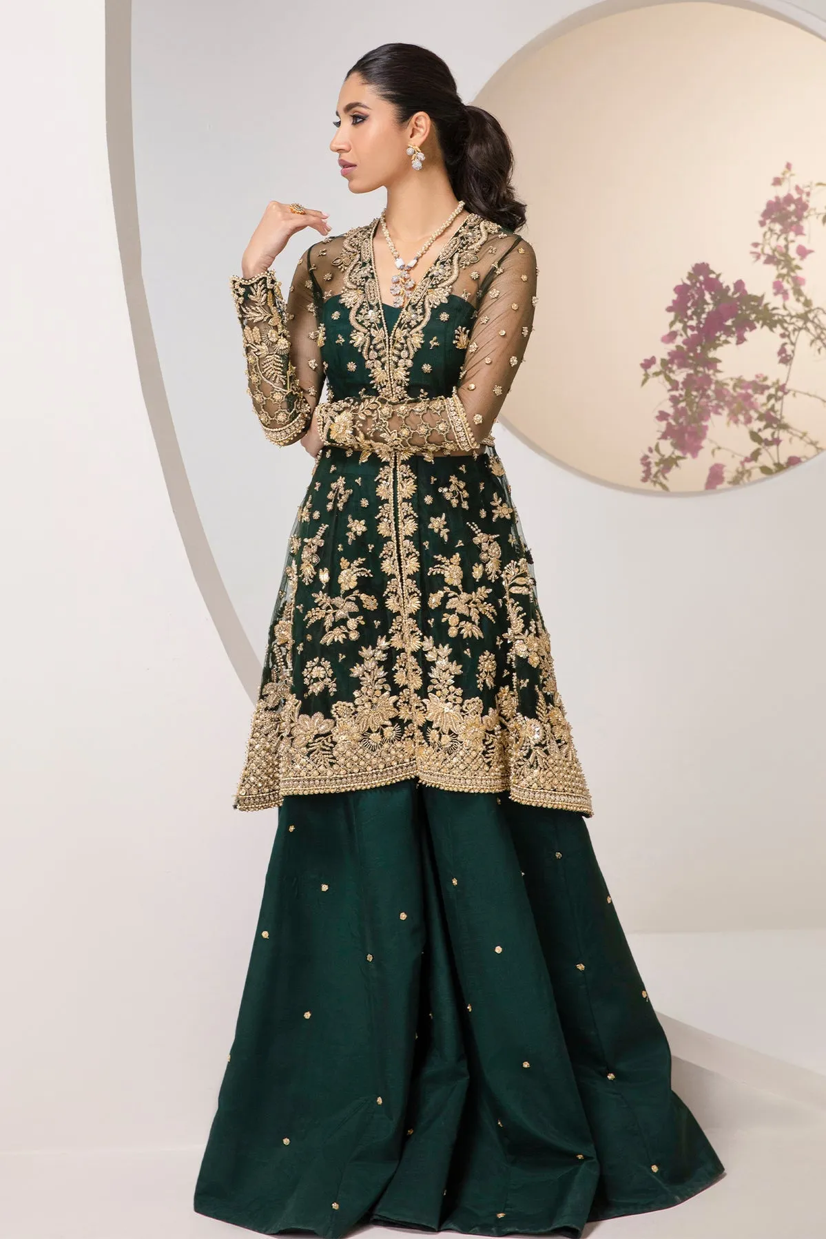 Regal Green Embroidered Pakistani Wedding Dress Gharara Kameez Style