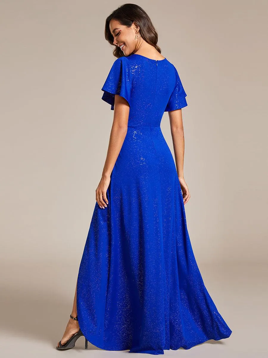 Robe de Soirée élégante à paillettes décolleté en V profond fente sur le devant