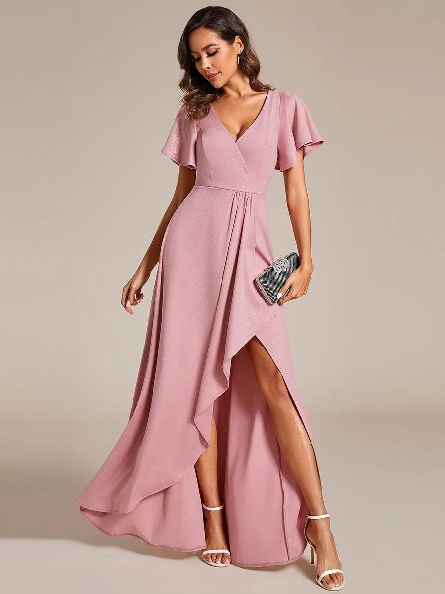 Robe de Soirée élégante à paillettes décolleté en V profond fente sur le devant