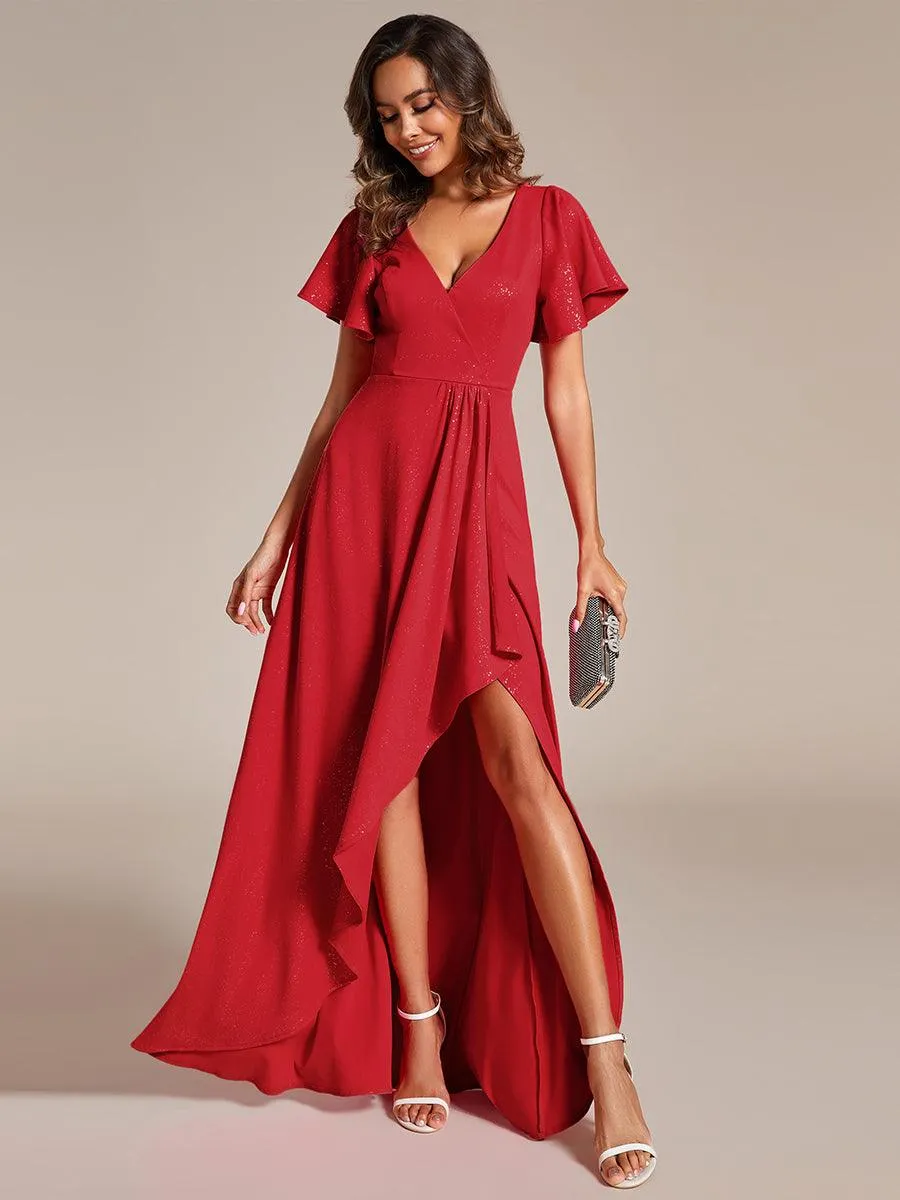 Robe de Soirée élégante à paillettes décolleté en V profond fente sur le devant