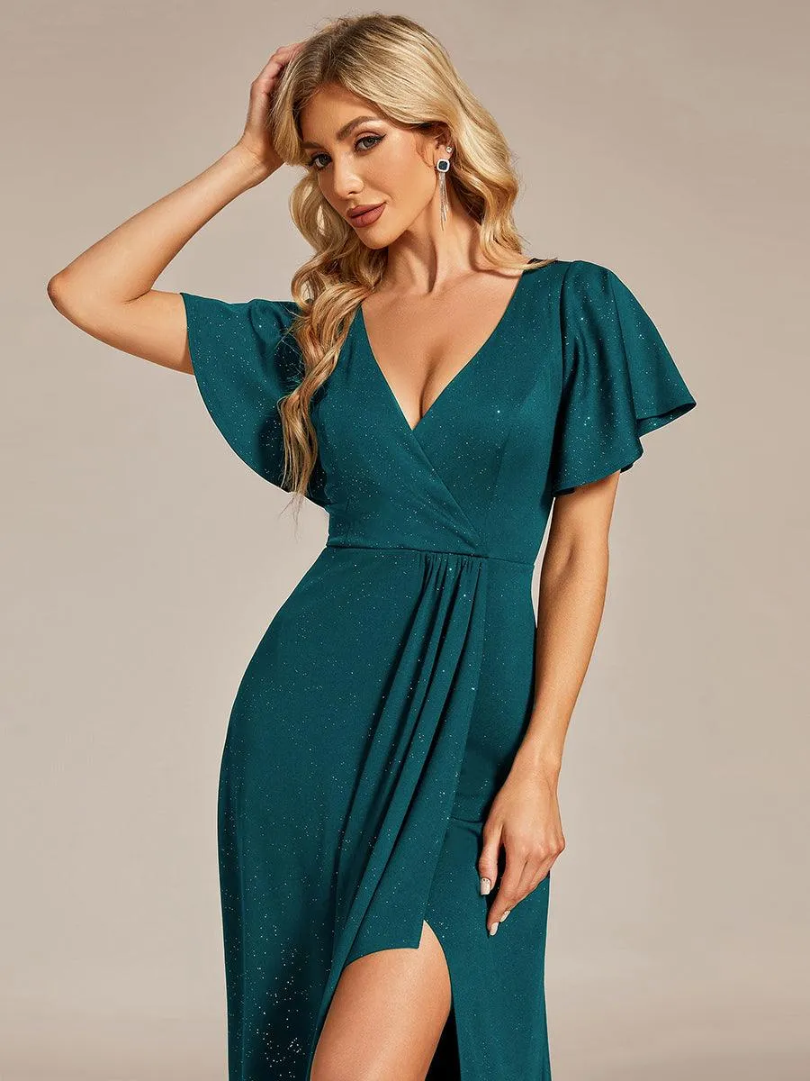 Robe de Soirée élégante à paillettes décolleté en V profond fente sur le devant