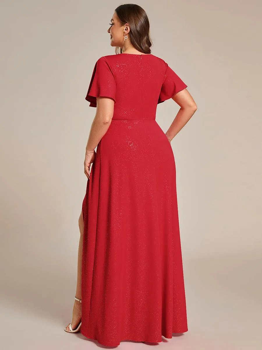 Robe de Soirée élégante à paillettes décolleté en V profond fente sur le devant