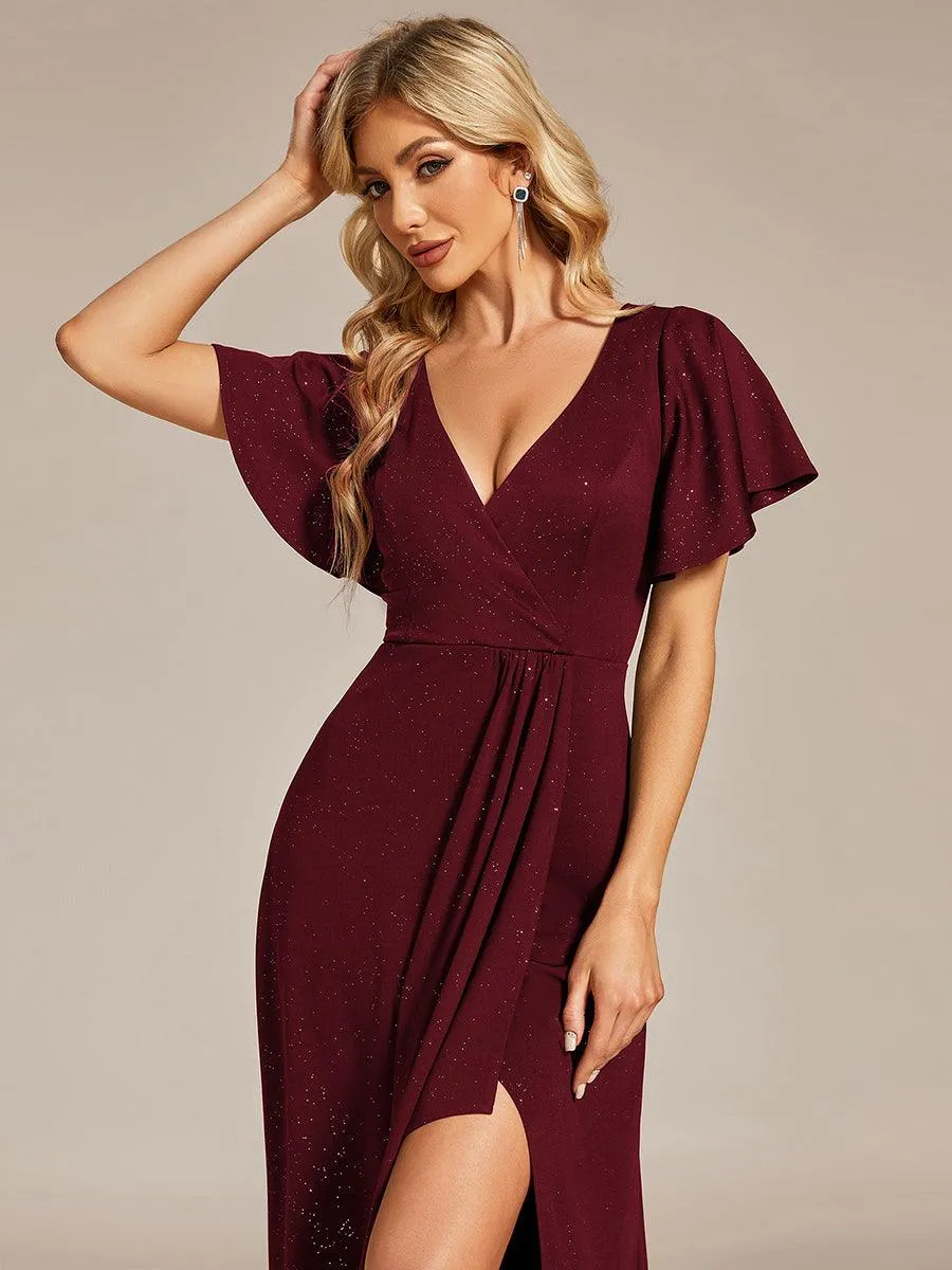 Robe de Soirée élégante à paillettes décolleté en V profond fente sur le devant