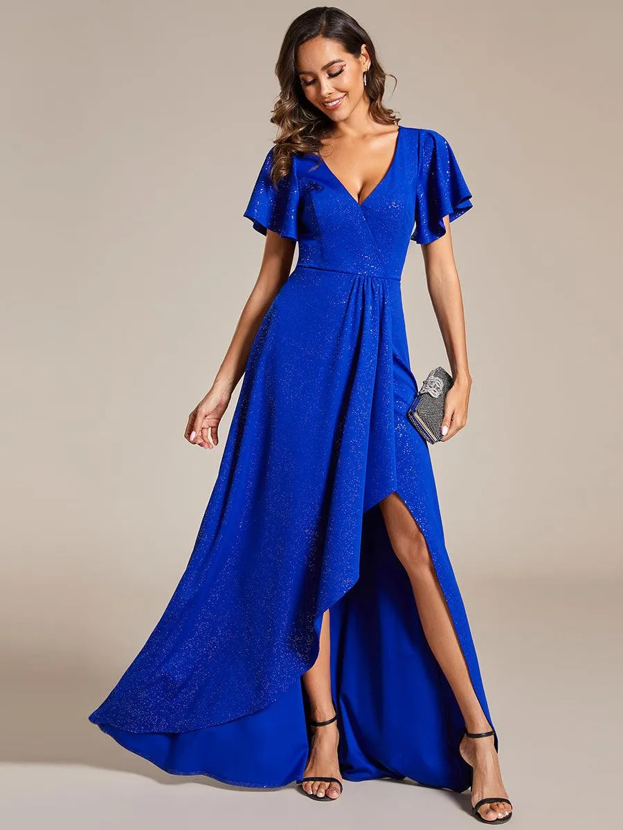 Robe de Soirée élégante à paillettes décolleté en V profond fente sur le devant