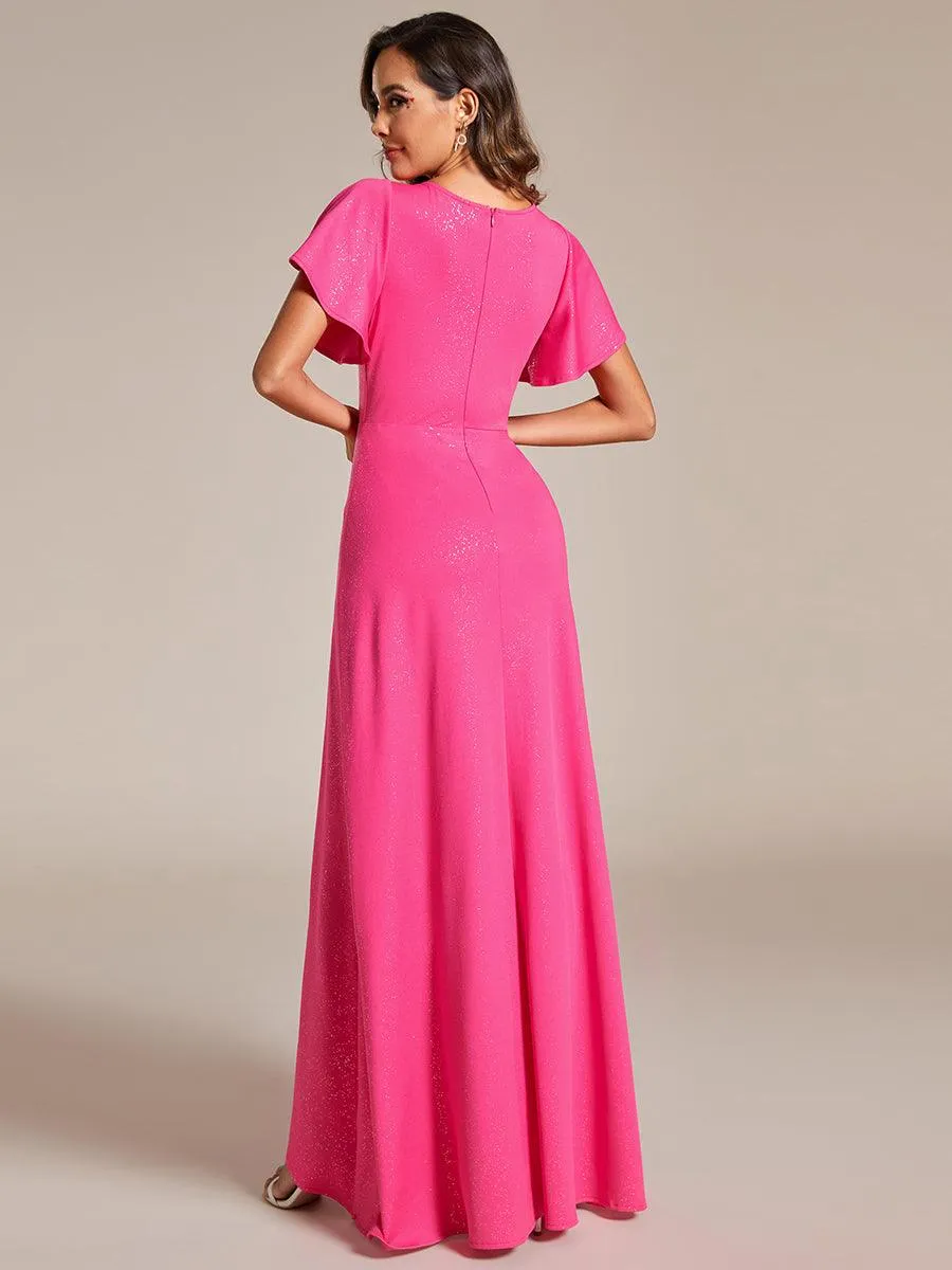 Robe de Soirée élégante à paillettes décolleté en V profond fente sur le devant
