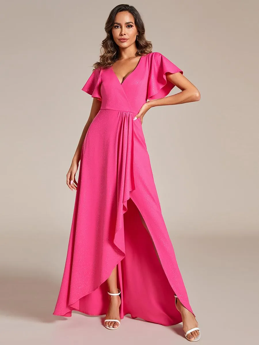 Robe de Soirée élégante à paillettes décolleté en V profond fente sur le devant