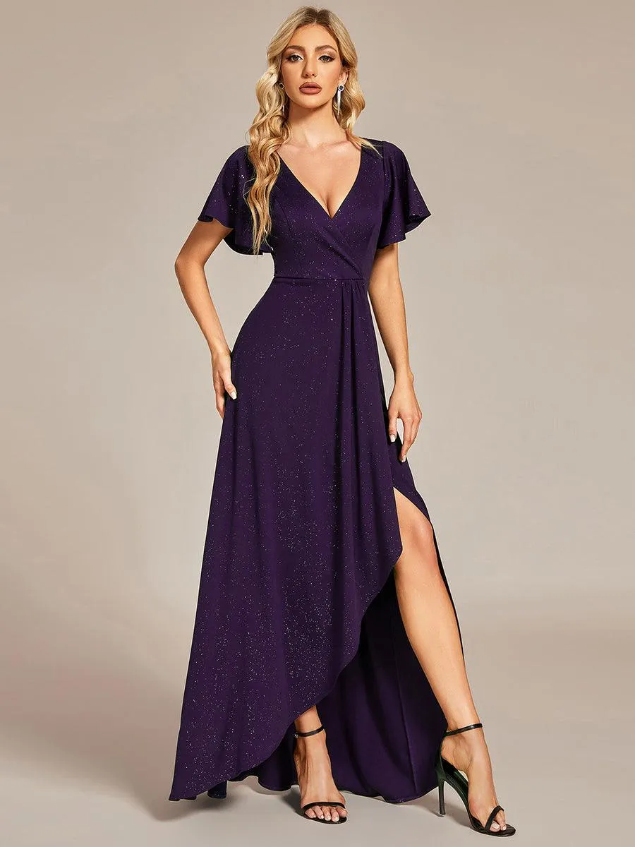 Robe de Soirée élégante à paillettes décolleté en V profond fente sur le devant