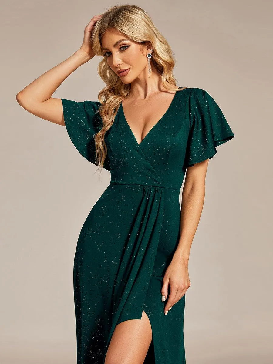 Robe de Soirée élégante à paillettes décolleté en V profond fente sur le devant