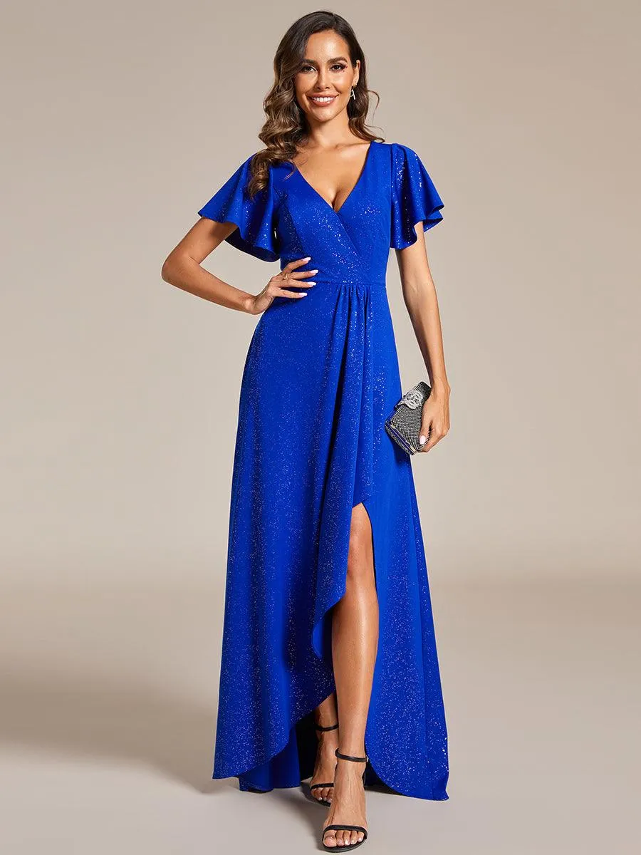 Robe de Soirée élégante à paillettes décolleté en V profond fente sur le devant