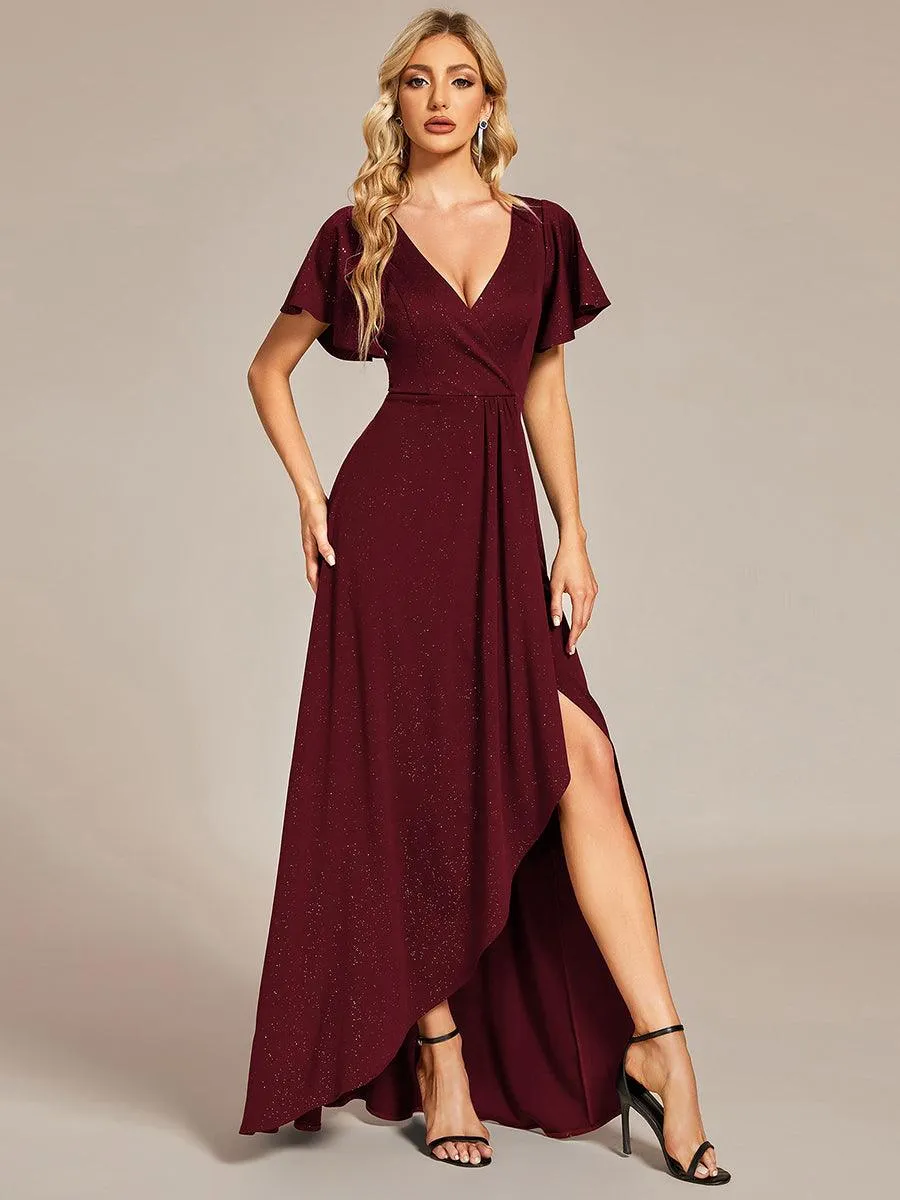 Robe de Soirée élégante à paillettes décolleté en V profond fente sur le devant