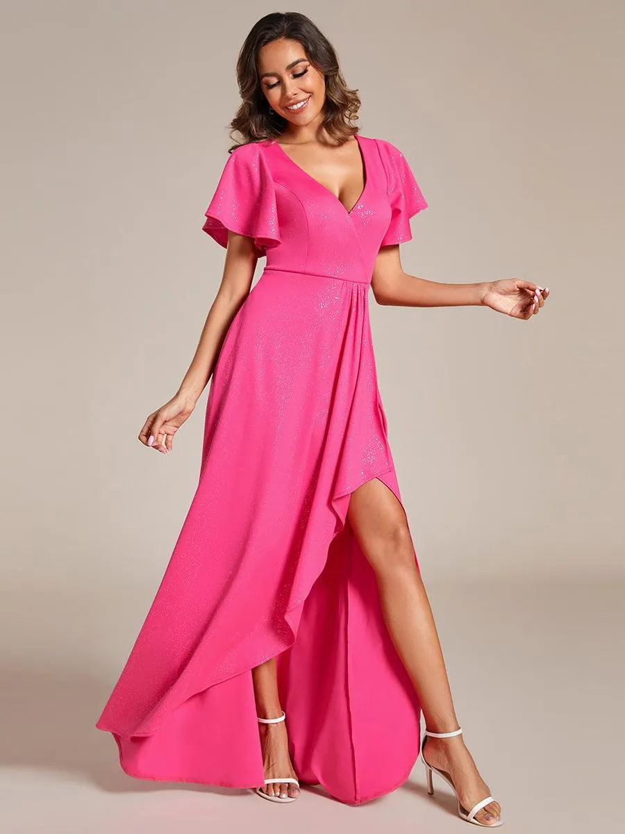 Robe de Soirée élégante à paillettes décolleté en V profond fente sur le devant