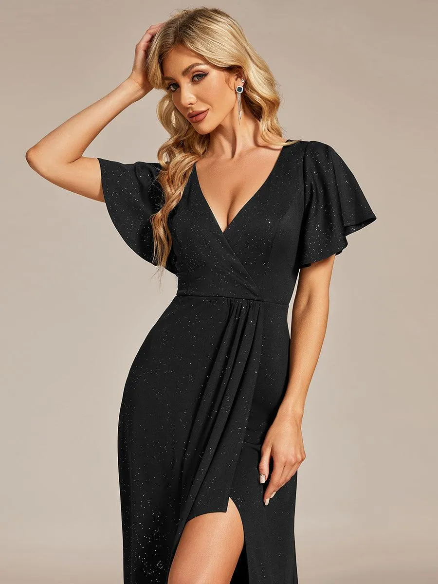 Robe de Soirée élégante à paillettes décolleté en V profond fente sur le devant