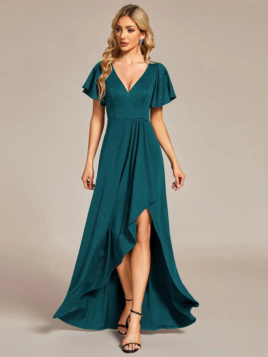 Robe de Soirée élégante à paillettes décolleté en V profond fente sur le devant