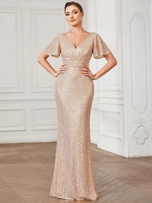 Robe de soirée taille empire plissée à manches courtes et sequins