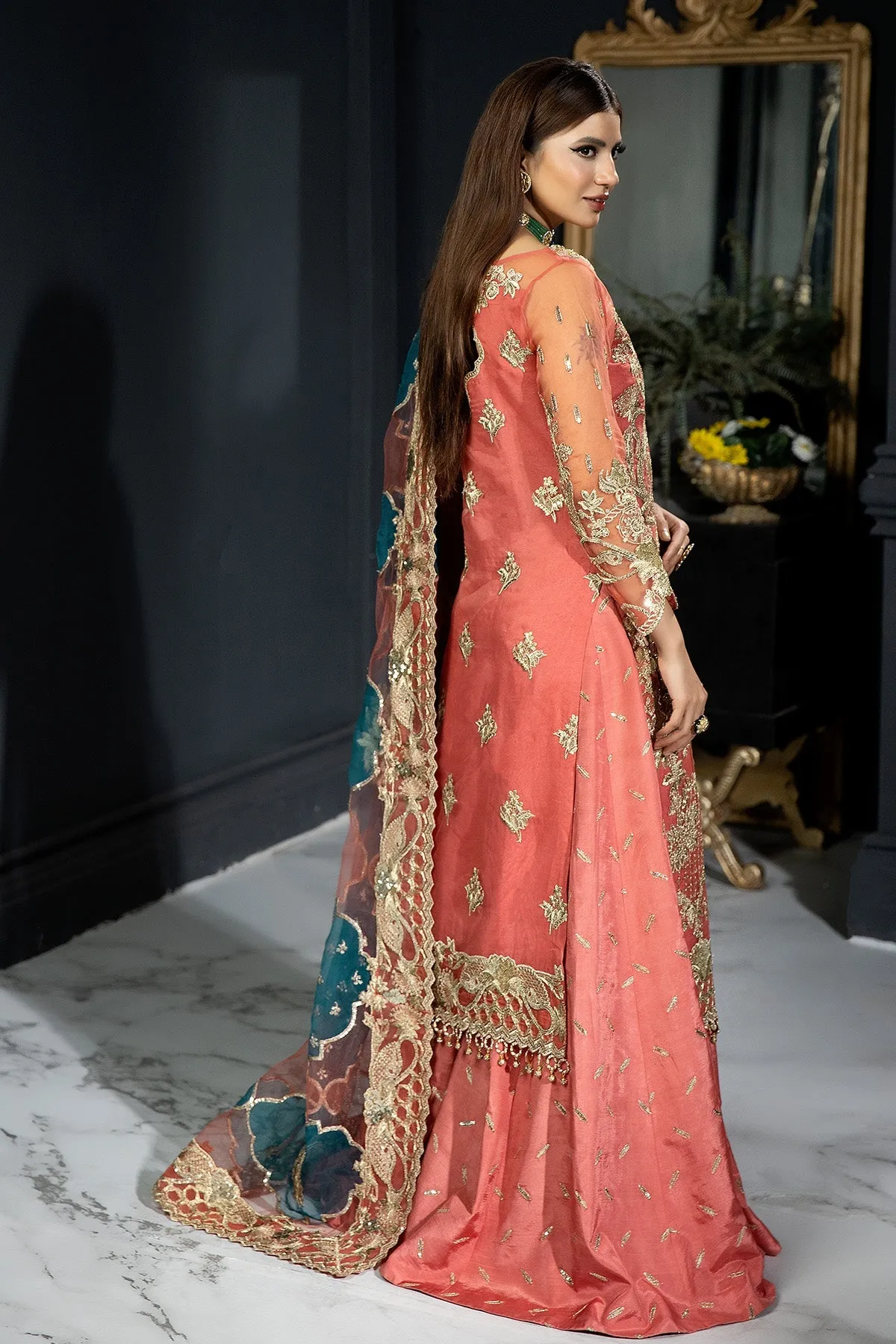 Rose Pink Embroidered Pakistani Wedding Dress in Gharara Kameez Style