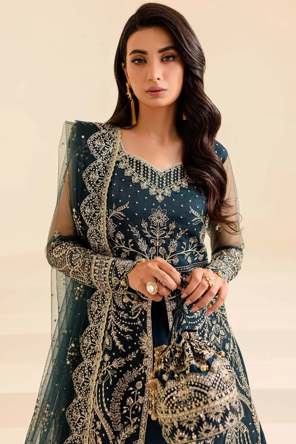 Royal Blue Embroidered Pakistani Wedding Dress in Gown Pishwas Style