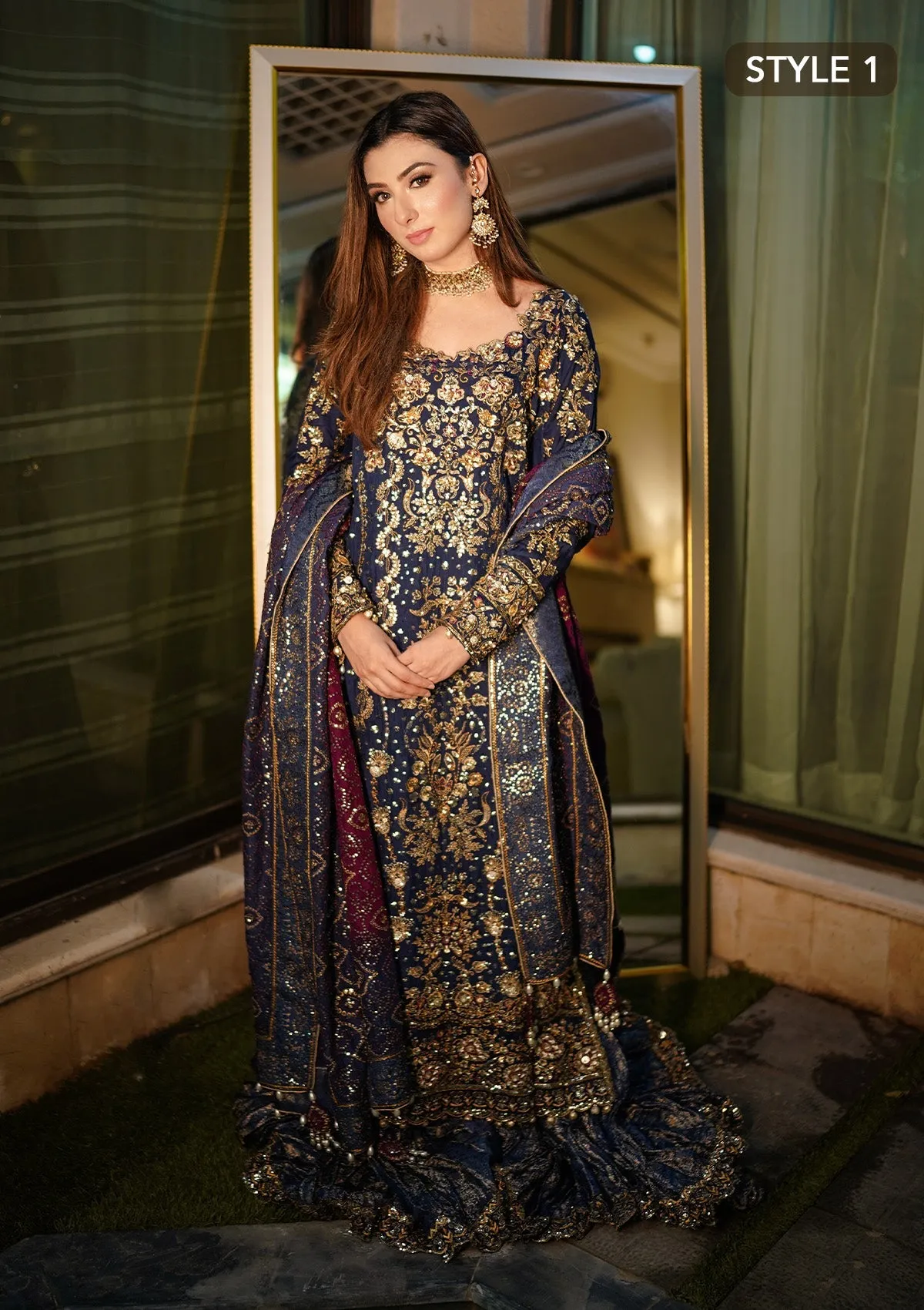 Royal Blue Embroidered Pakistani Wedding Dress in Kameez Gharara Style