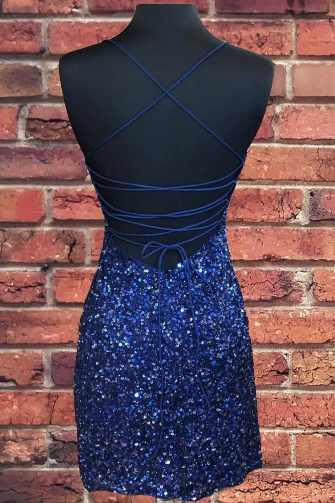 Royal Blue Sequin Halter Sheath Homecoming Dress Backless Party Dress HD0119