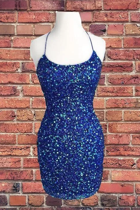 Royal Blue Sequin Halter Sheath Homecoming Dress Backless Party Dress HD0119