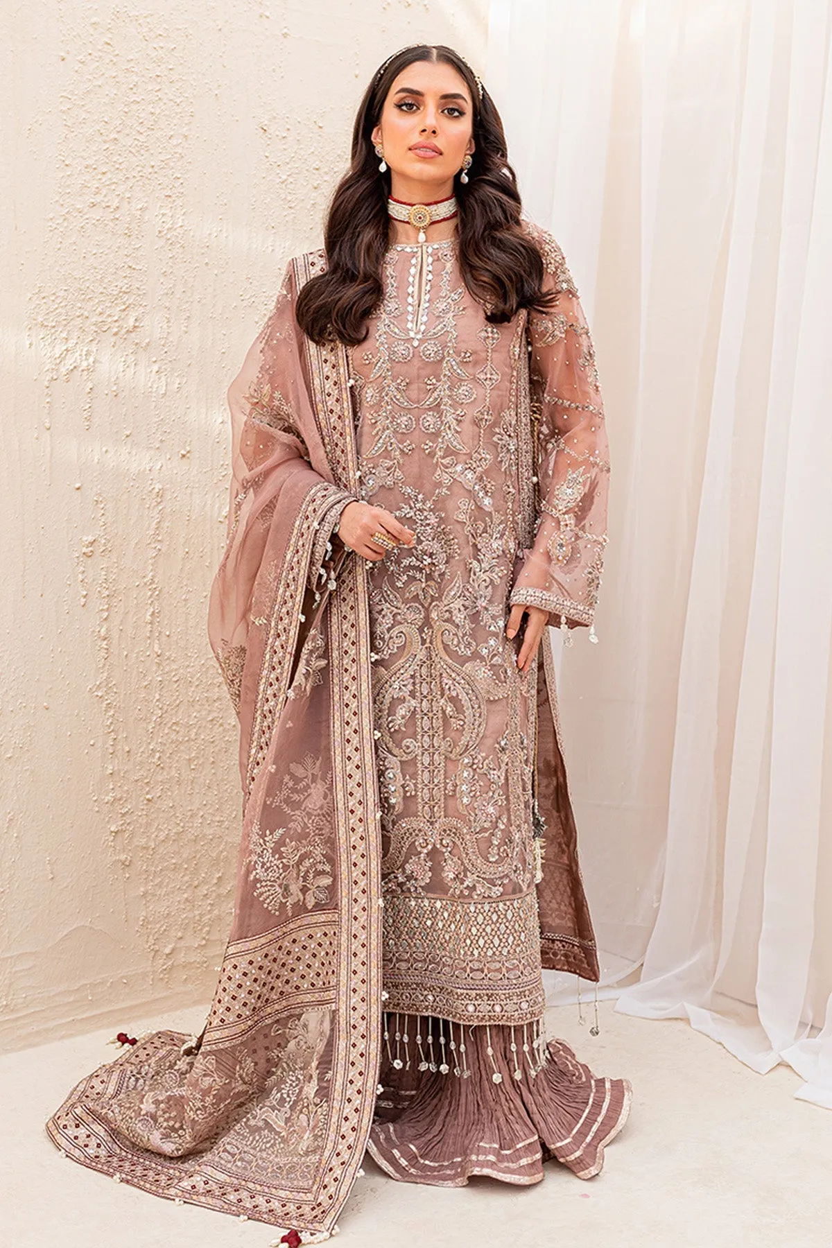 Royal Brown Embroidered Pakistani Kameez Sharara Wedding Dress