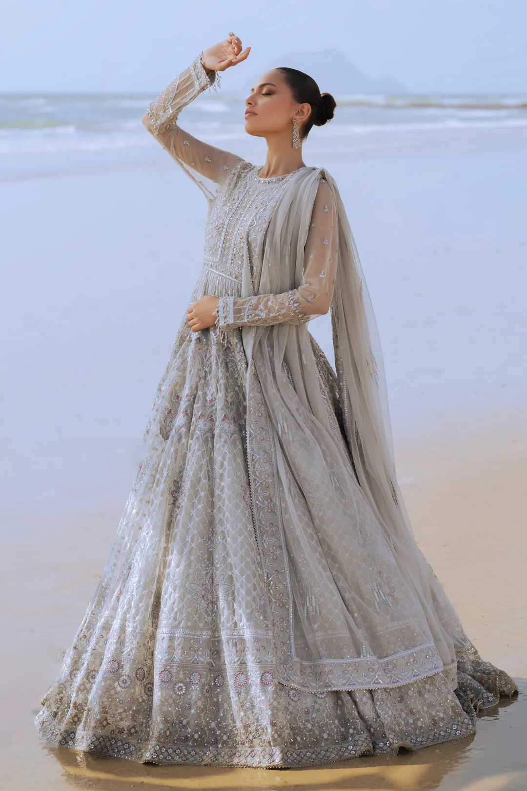 Royal Heavily Embellished Silver Pakistani Wedding Dress Pishwas Frock