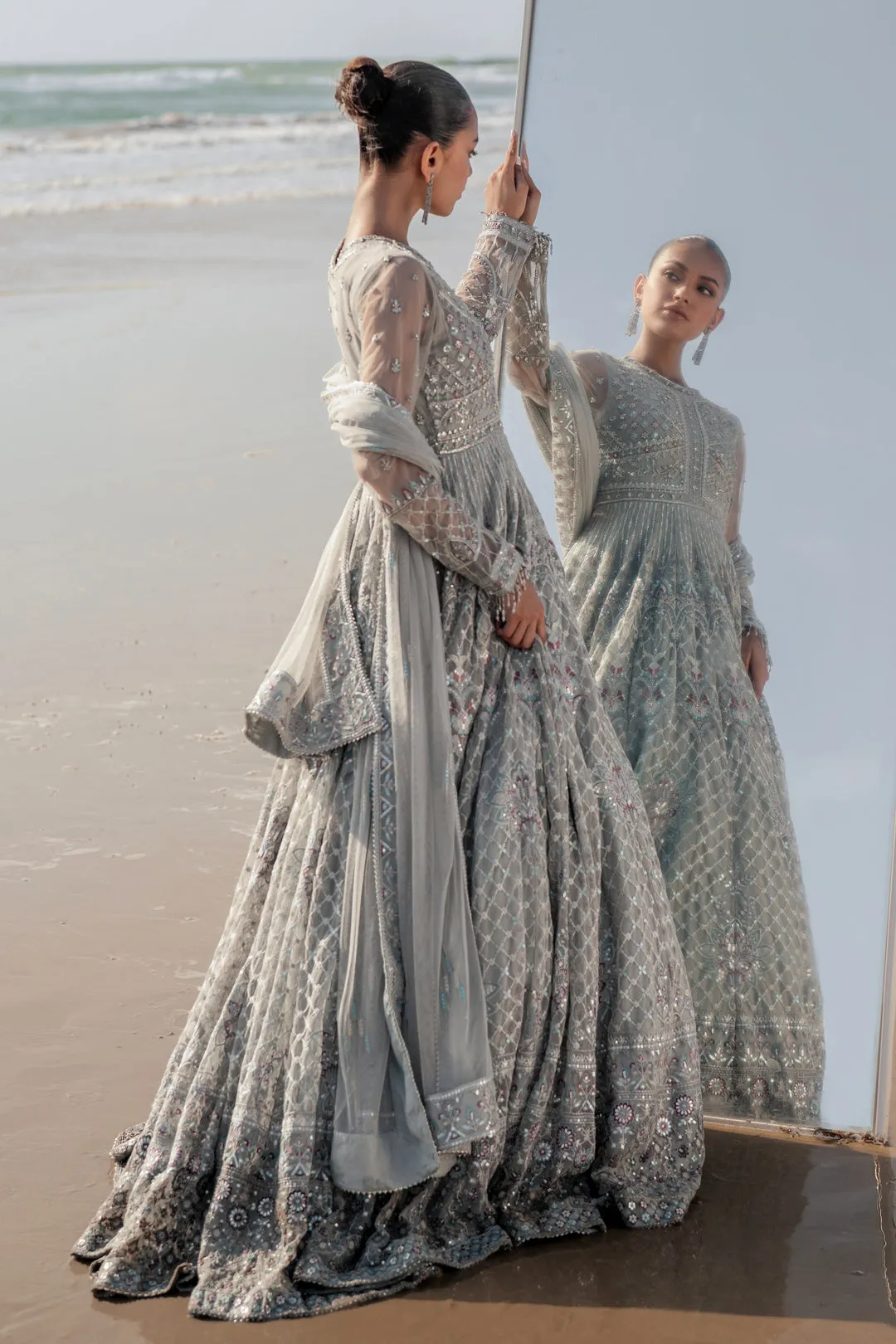 Royal Heavily Embellished Silver Pakistani Wedding Dress Pishwas Frock