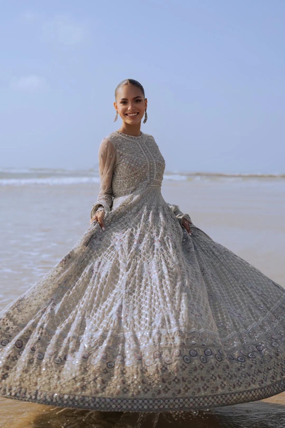 Royal Heavily Embellished Silver Pakistani Wedding Dress Pishwas Frock