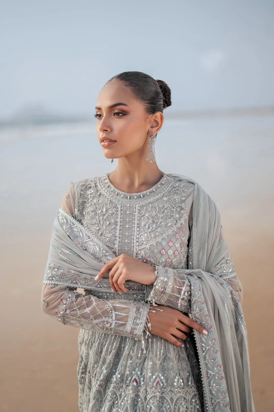 Royal Heavily Embellished Silver Pakistani Wedding Dress Pishwas Frock