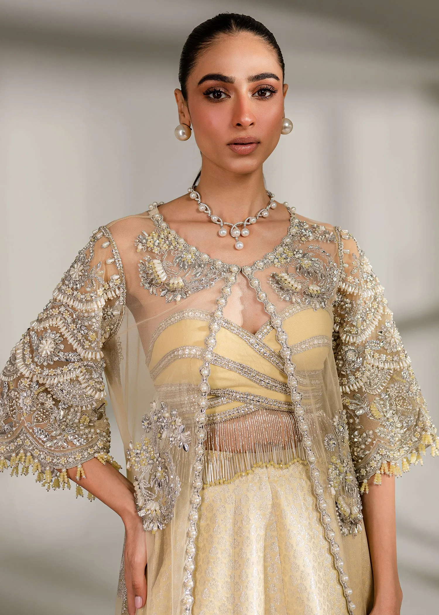 Royal Pale Yellow Pakistani Wedding Dress in Jacket Lehenga Style