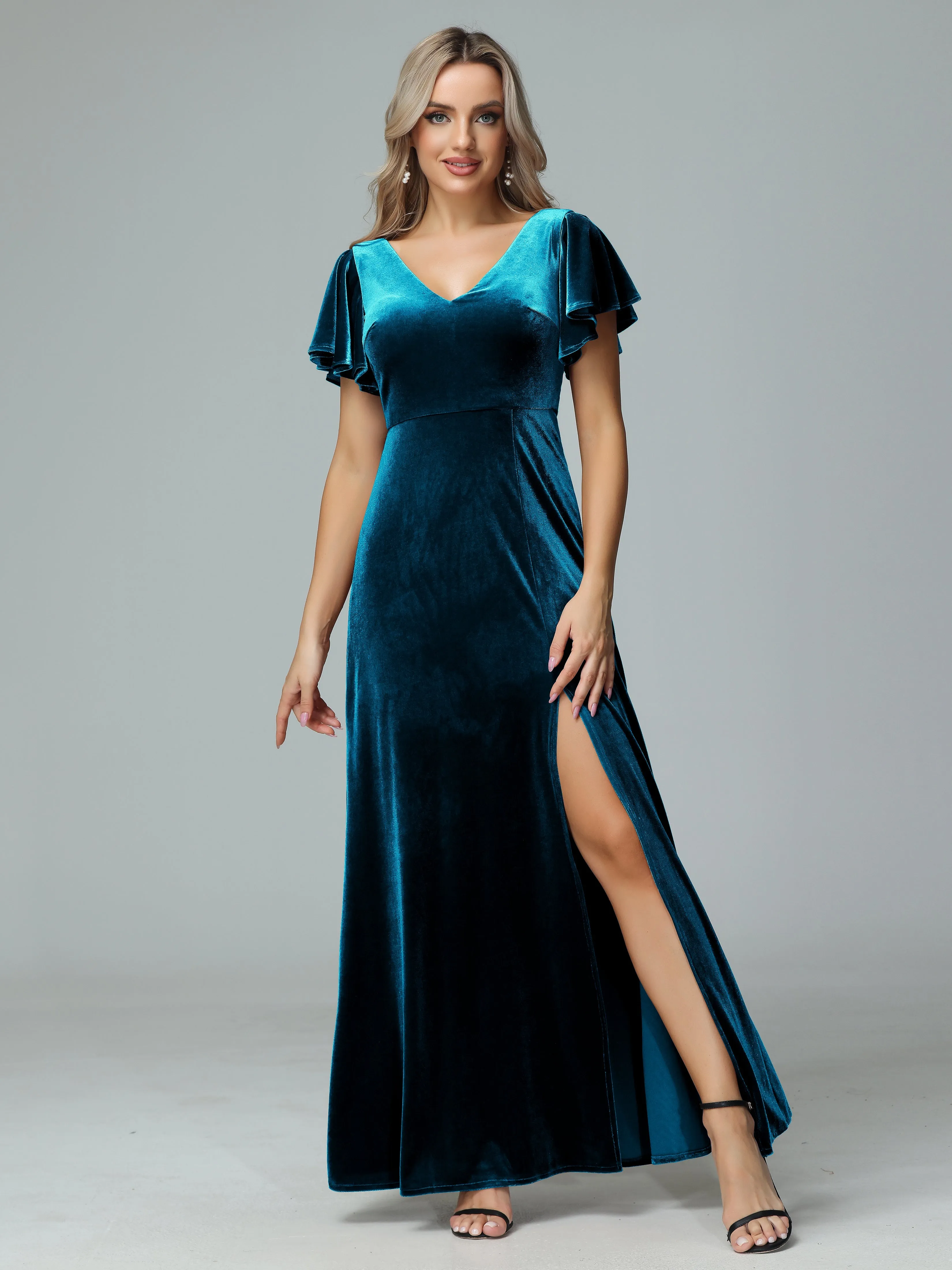 Ruffle Short Sleeves V-neck Velvet Bridesmaid Dresses