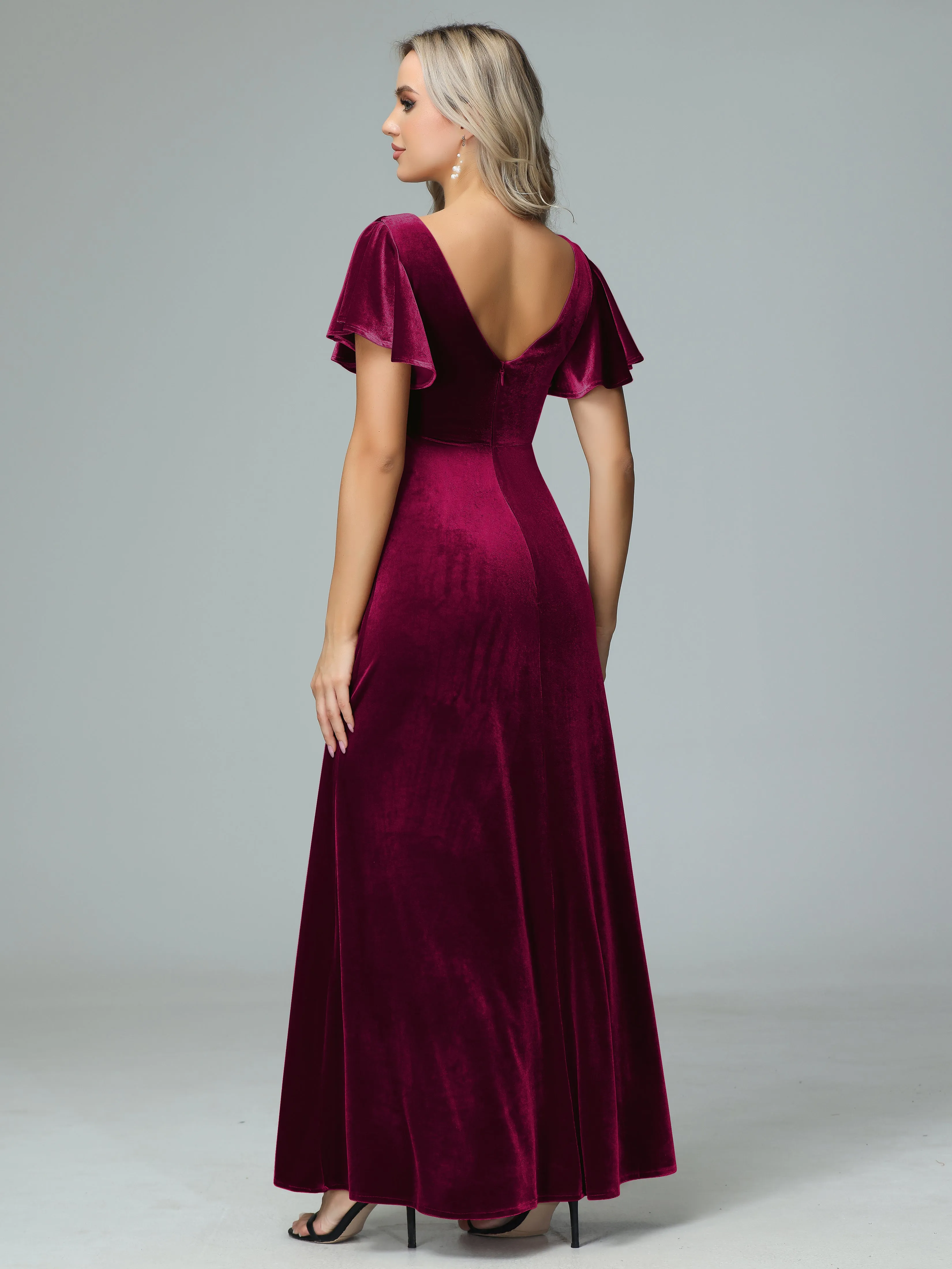 Ruffle Short Sleeves V-neck Velvet Bridesmaid Dresses