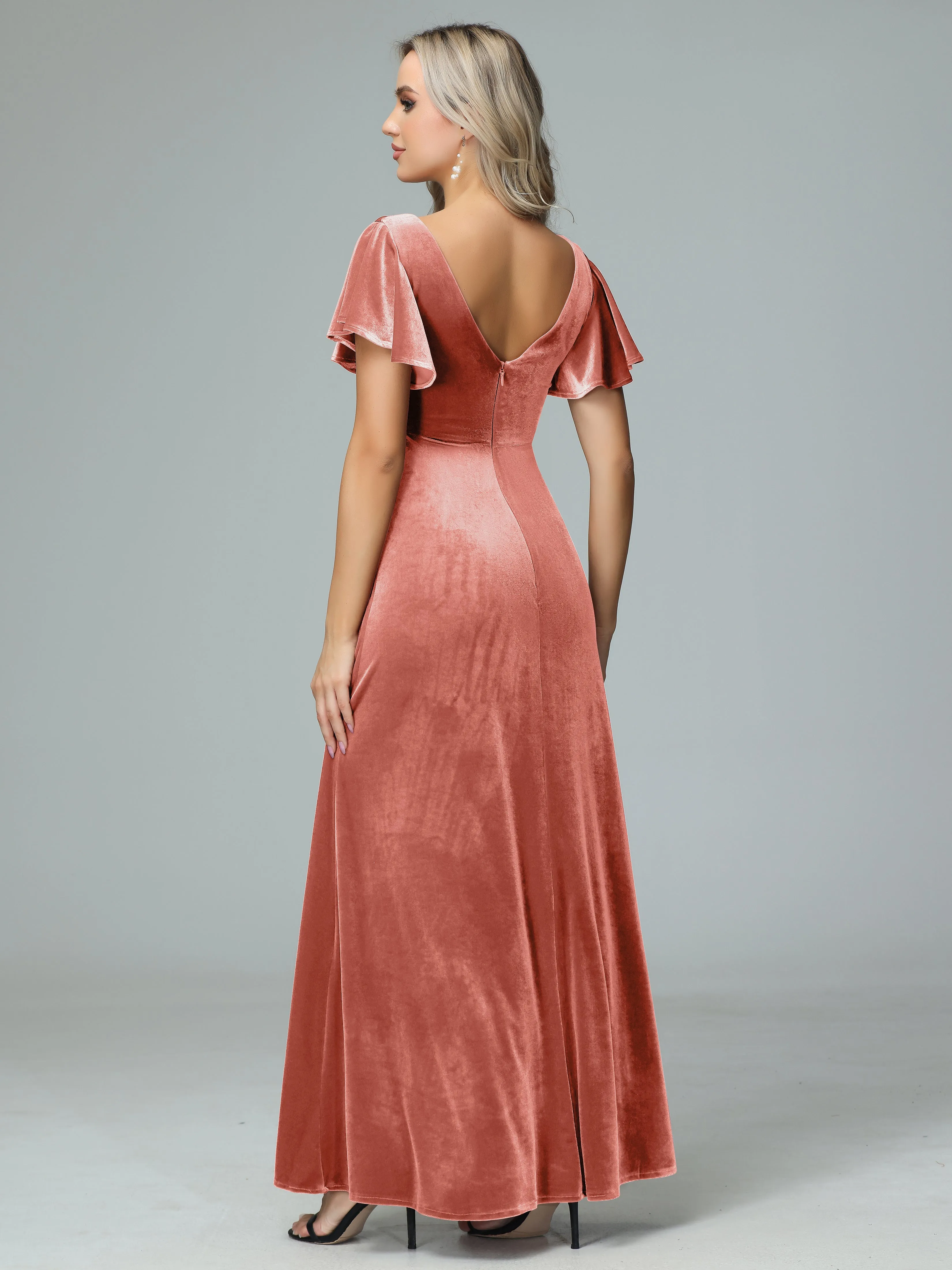 Ruffle Short Sleeves V-neck Velvet Bridesmaid Dresses