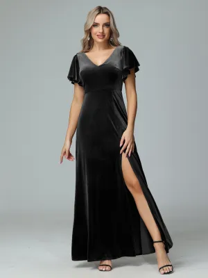 Ruffle Short Sleeves V-neck Velvet Bridesmaid Dresses