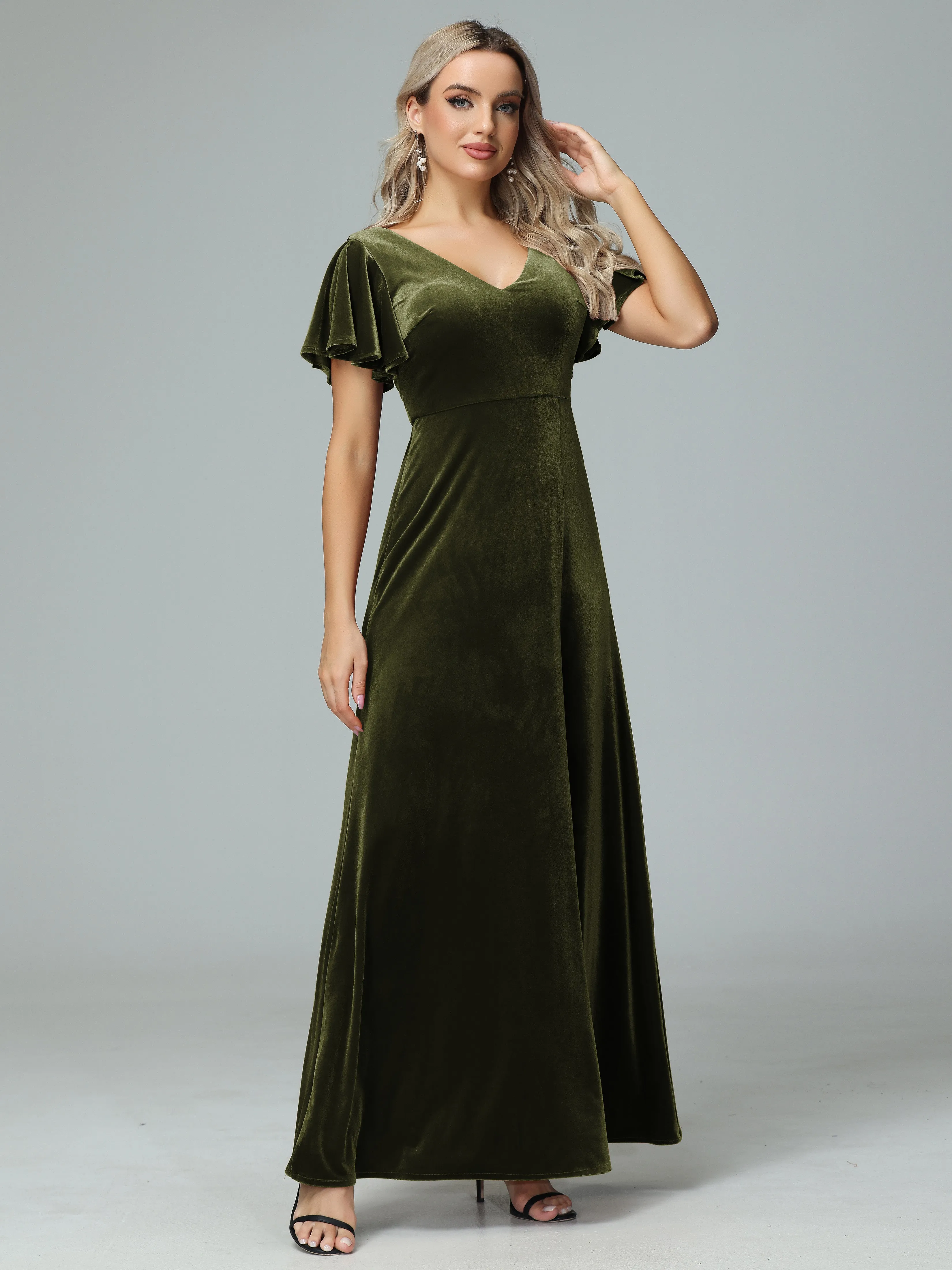 Ruffle Short Sleeves V-neck Velvet Bridesmaid Dresses