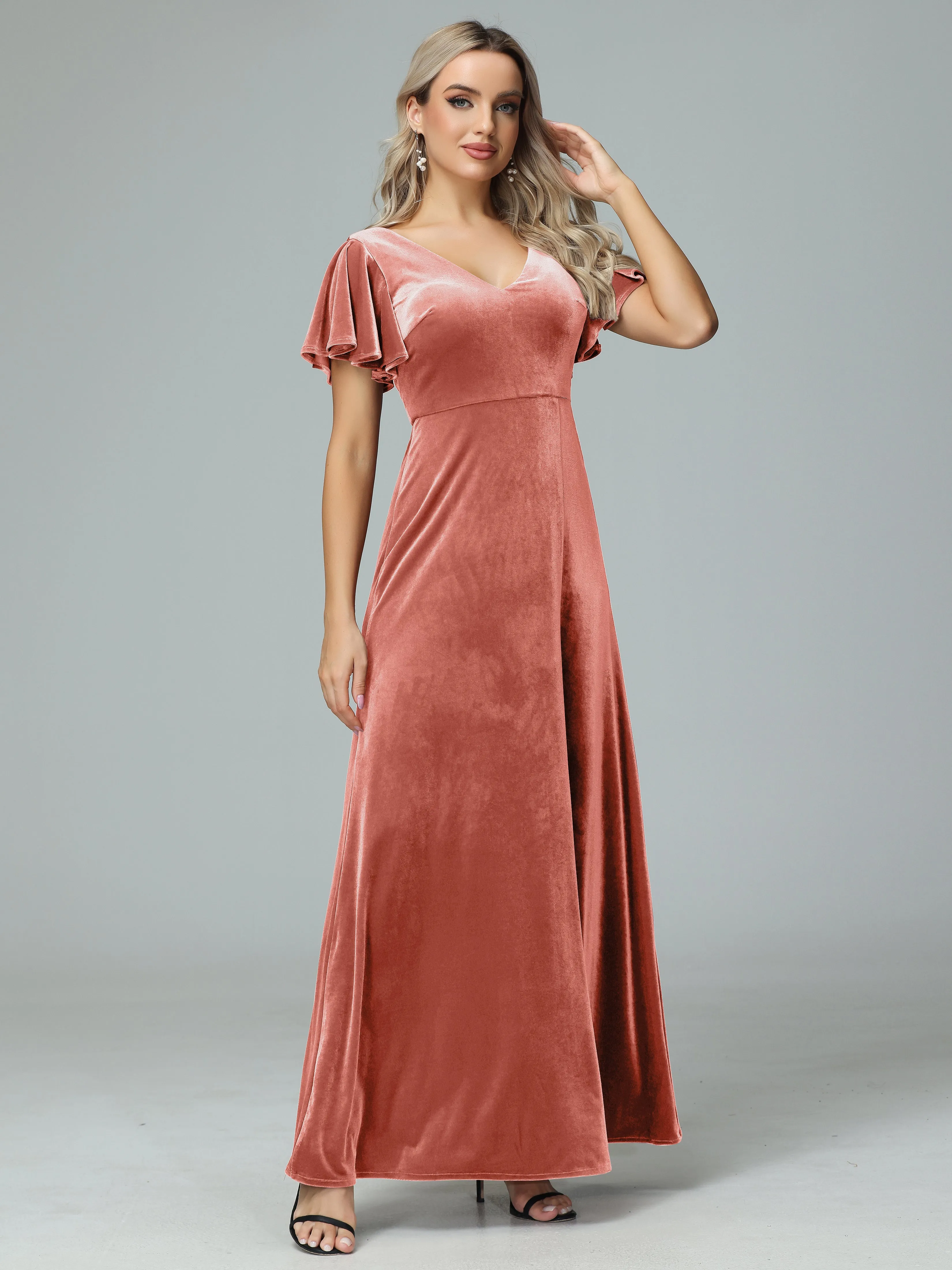 Ruffle Short Sleeves V-neck Velvet Bridesmaid Dresses