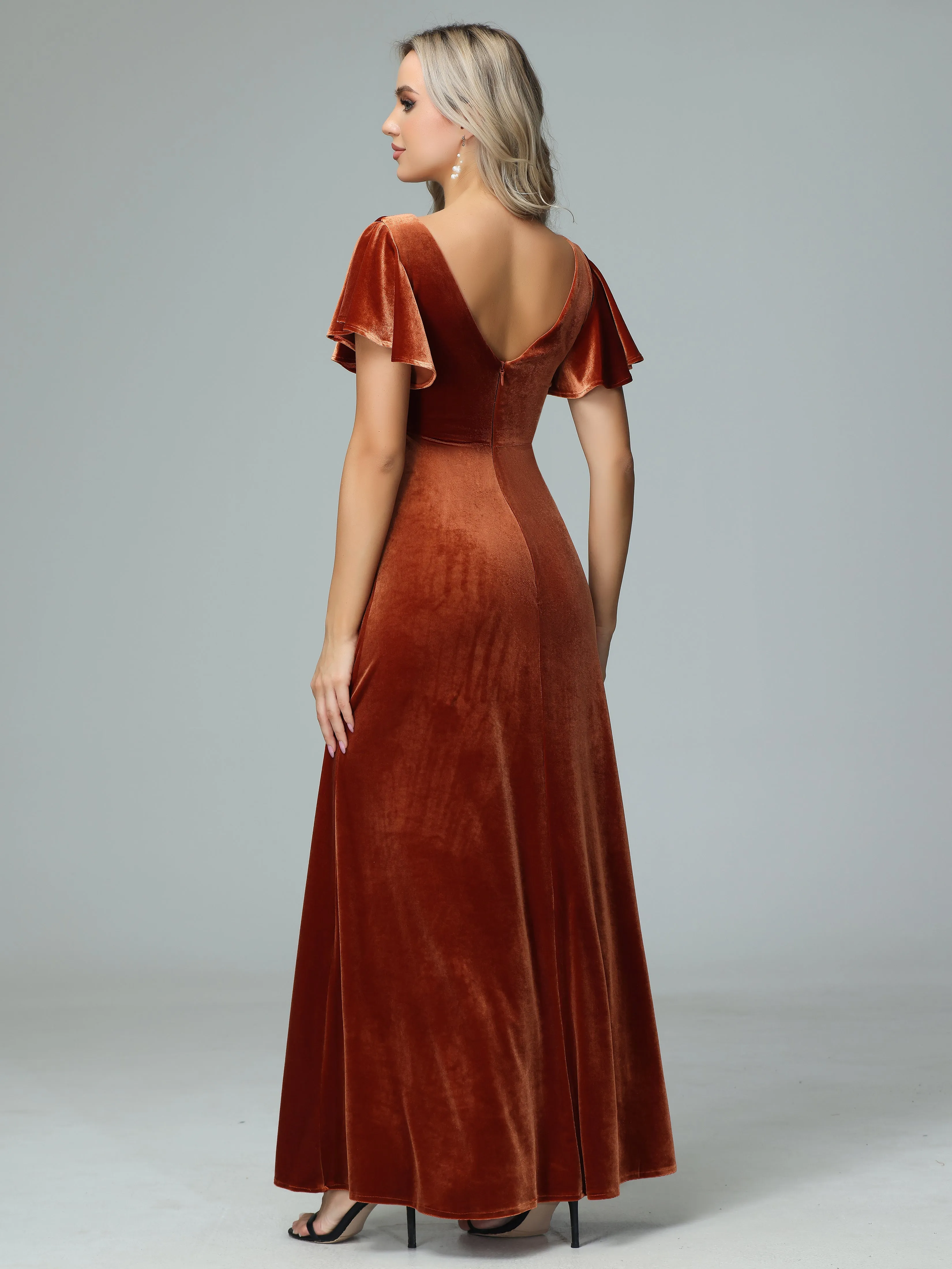 Ruffle Short Sleeves V-neck Velvet Bridesmaid Dresses