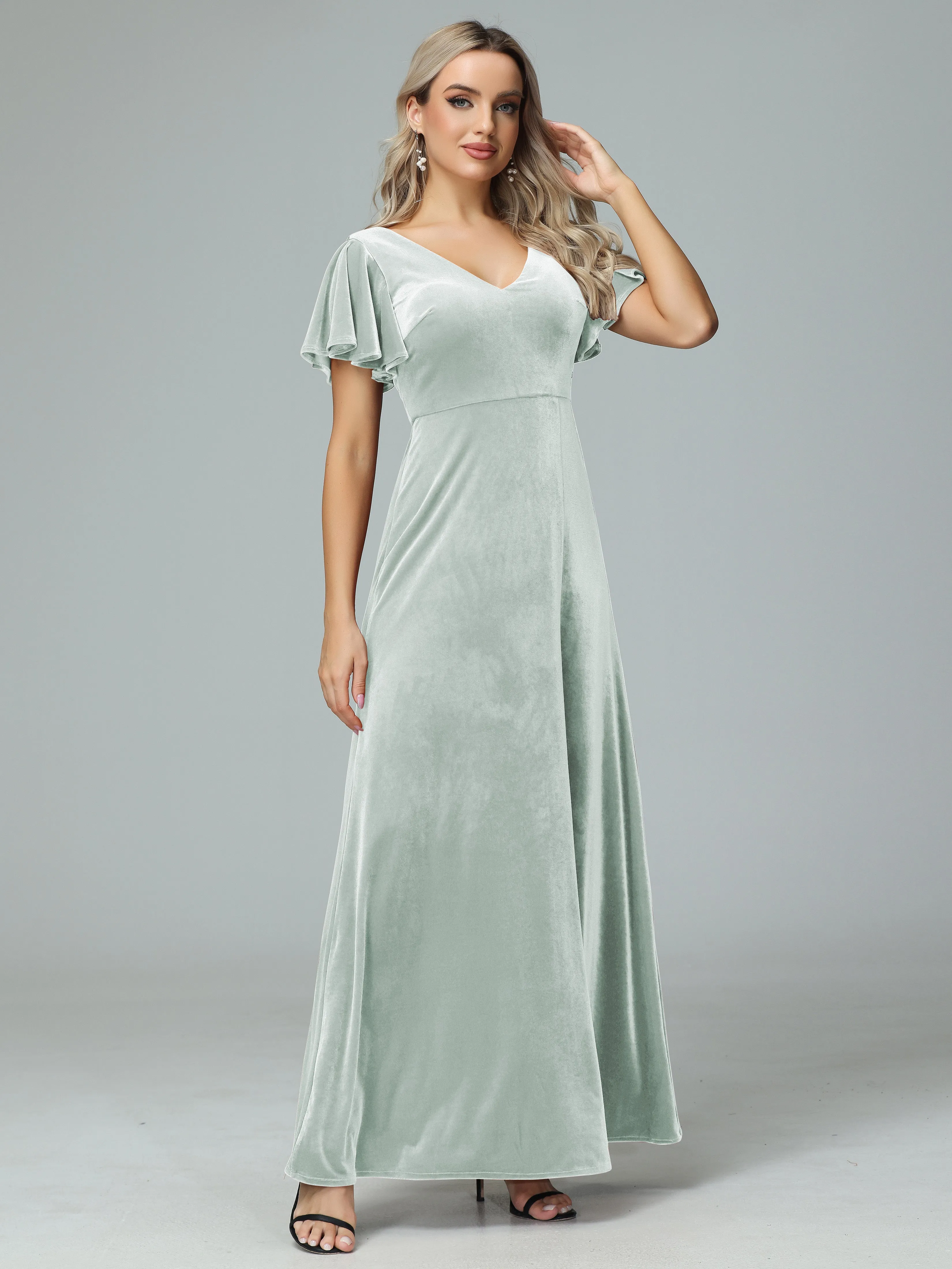 Ruffle Short Sleeves V-neck Velvet Bridesmaid Dresses