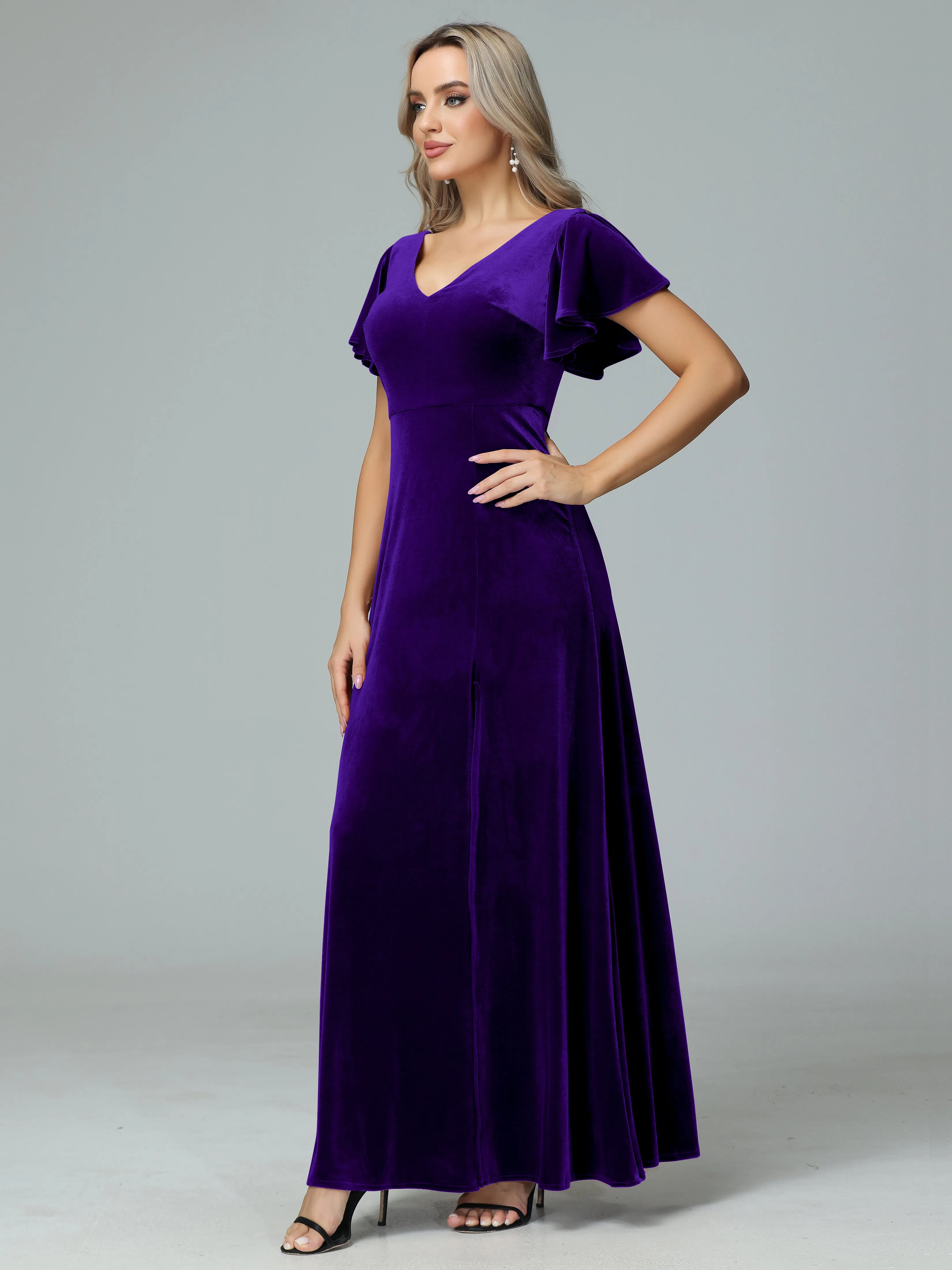 Ruffle Short Sleeves V-neck Velvet Bridesmaid Dresses