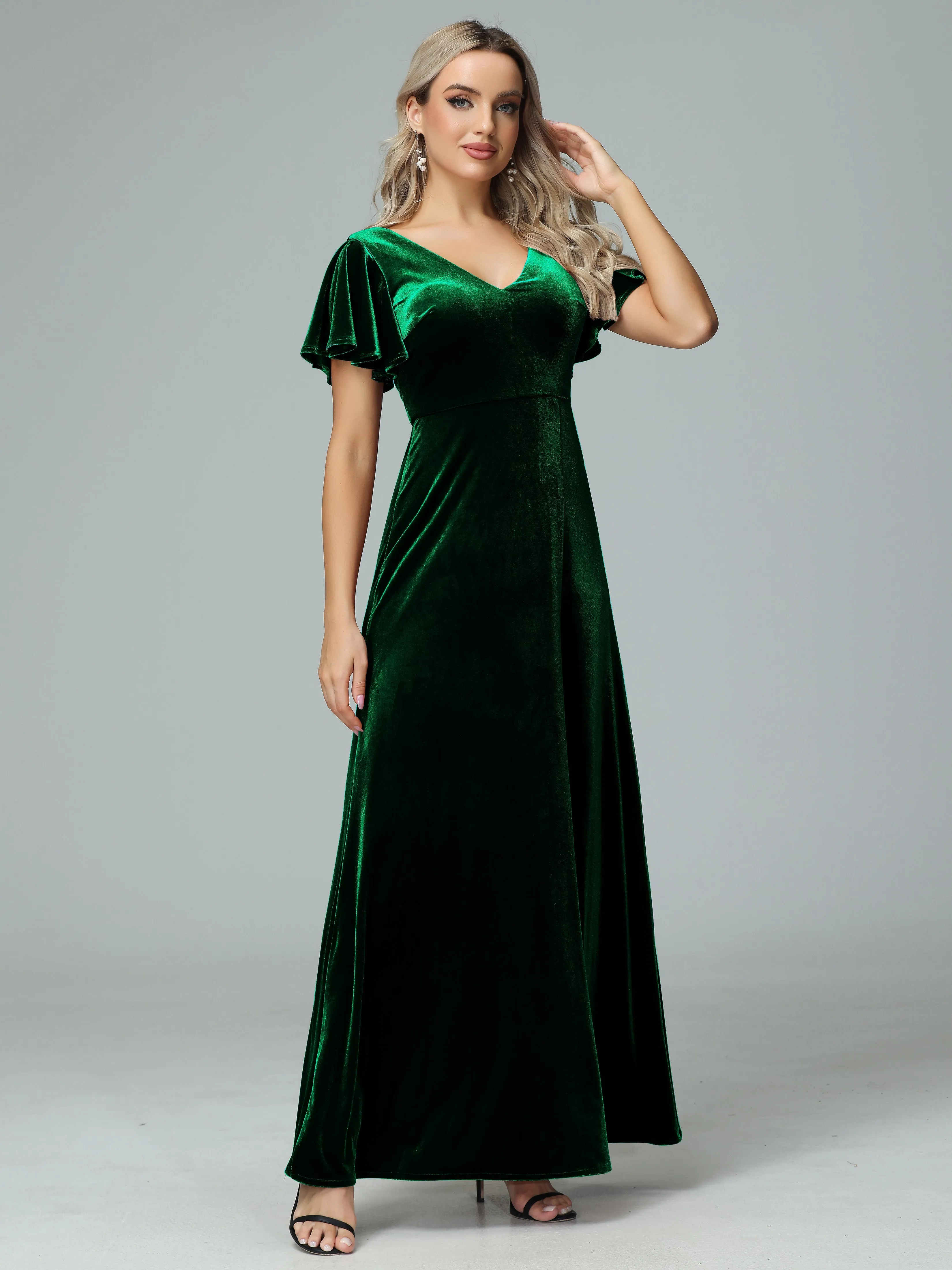 Ruffle Short Sleeves V-neck Velvet Bridesmaid Dresses