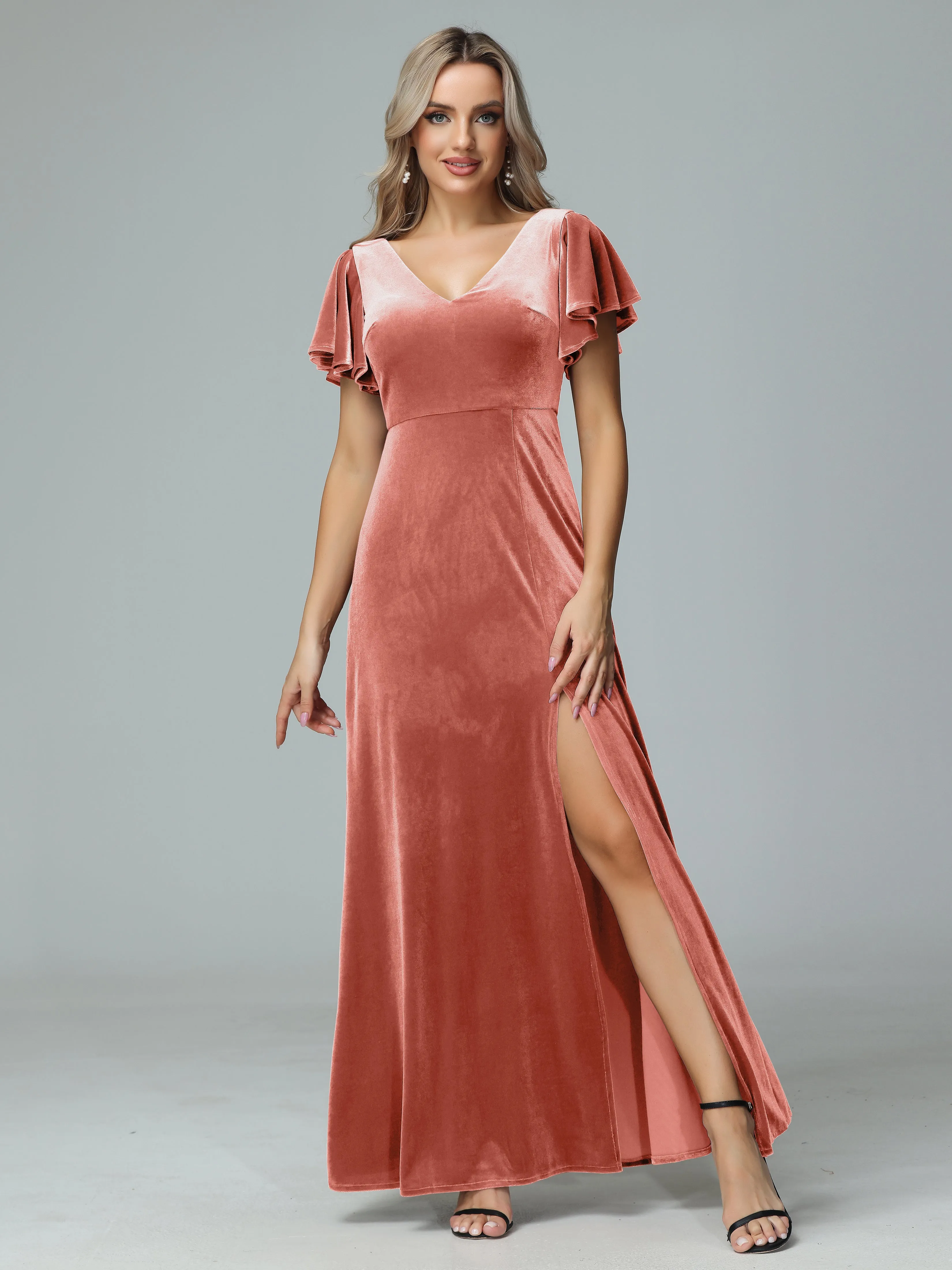 Ruffle Short Sleeves V-neck Velvet Bridesmaid Dresses