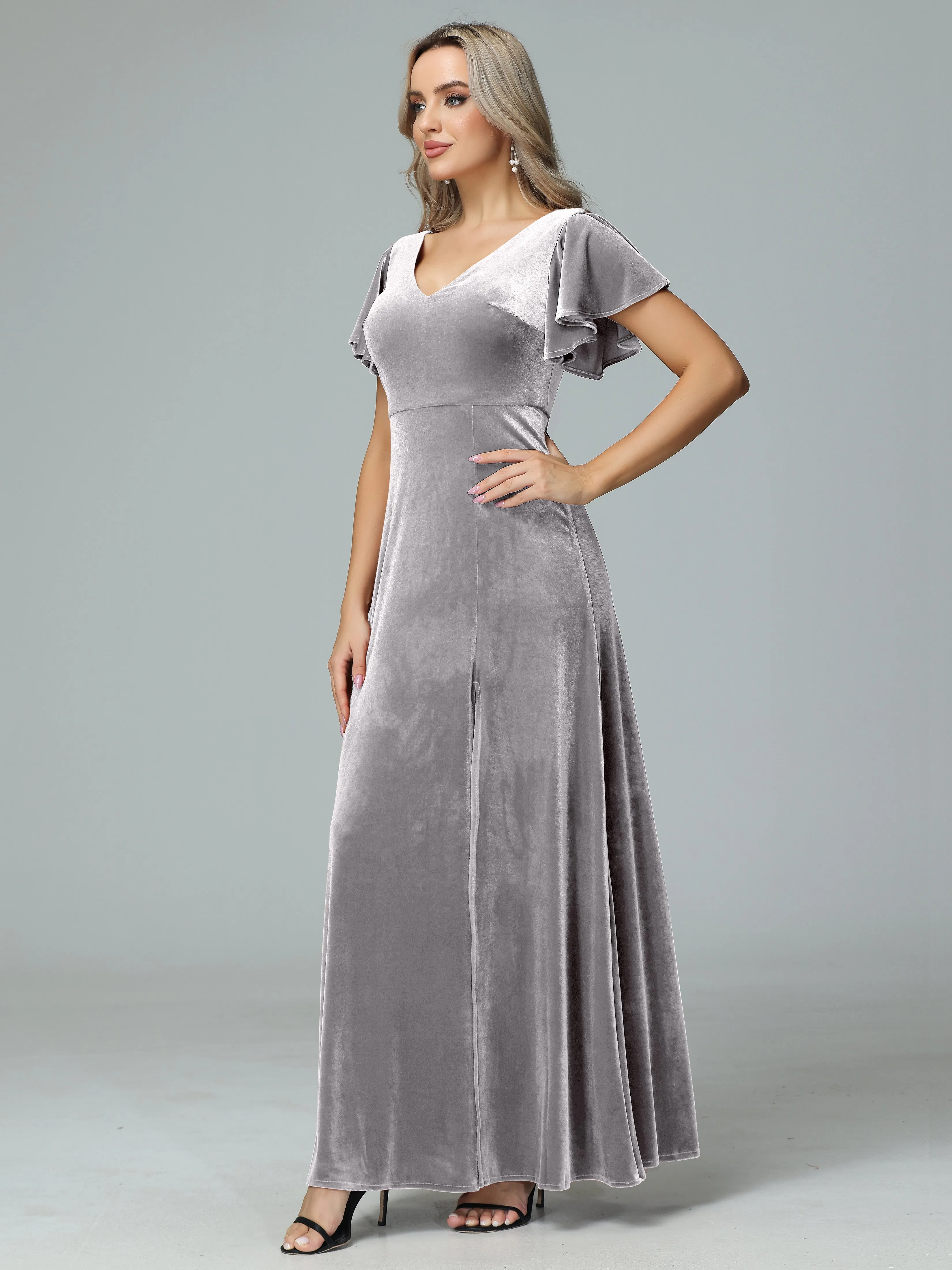 Ruffle Short Sleeves V-neck Velvet Bridesmaid Dresses