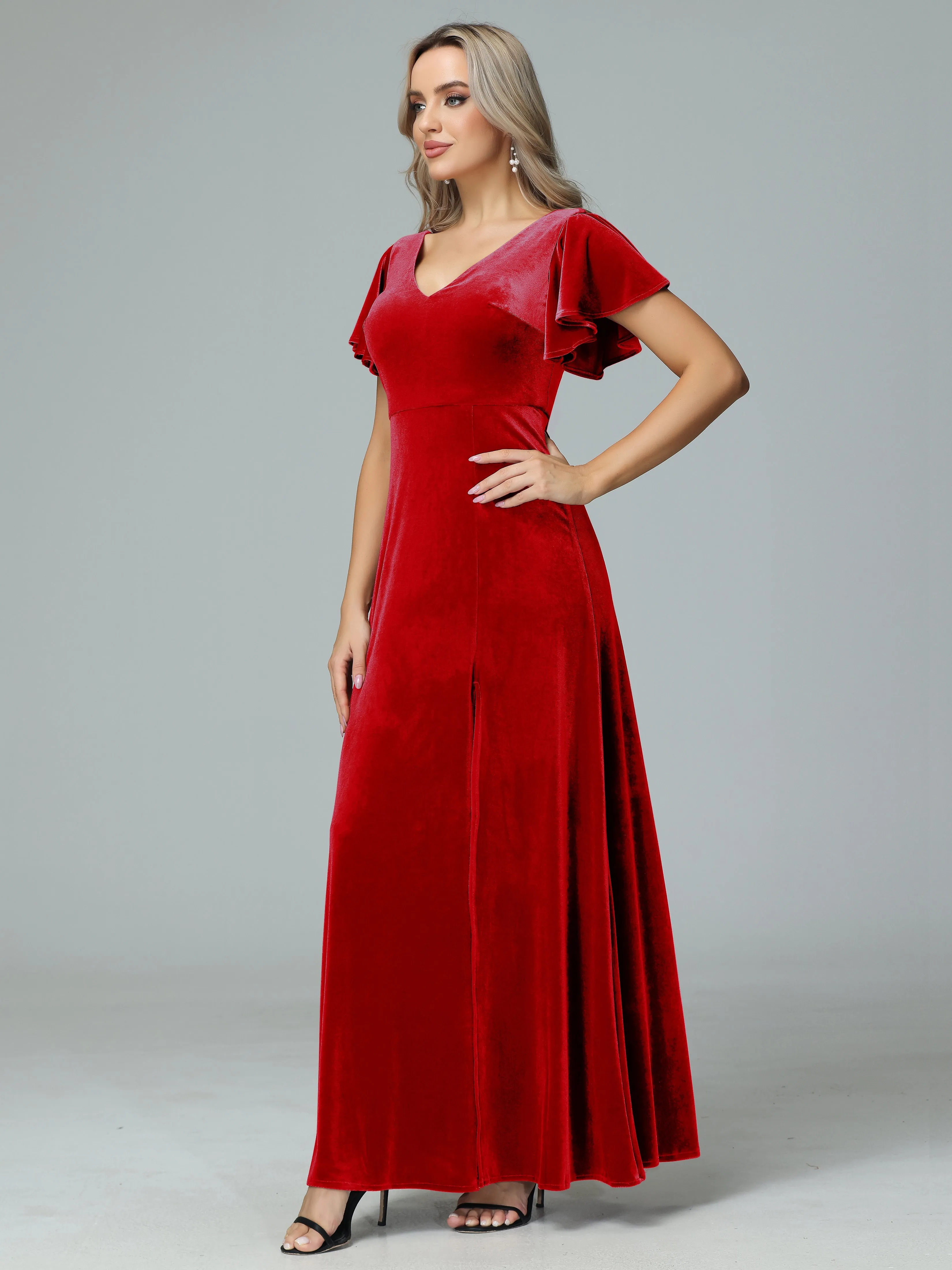 Ruffle Short Sleeves V-neck Velvet Bridesmaid Dresses