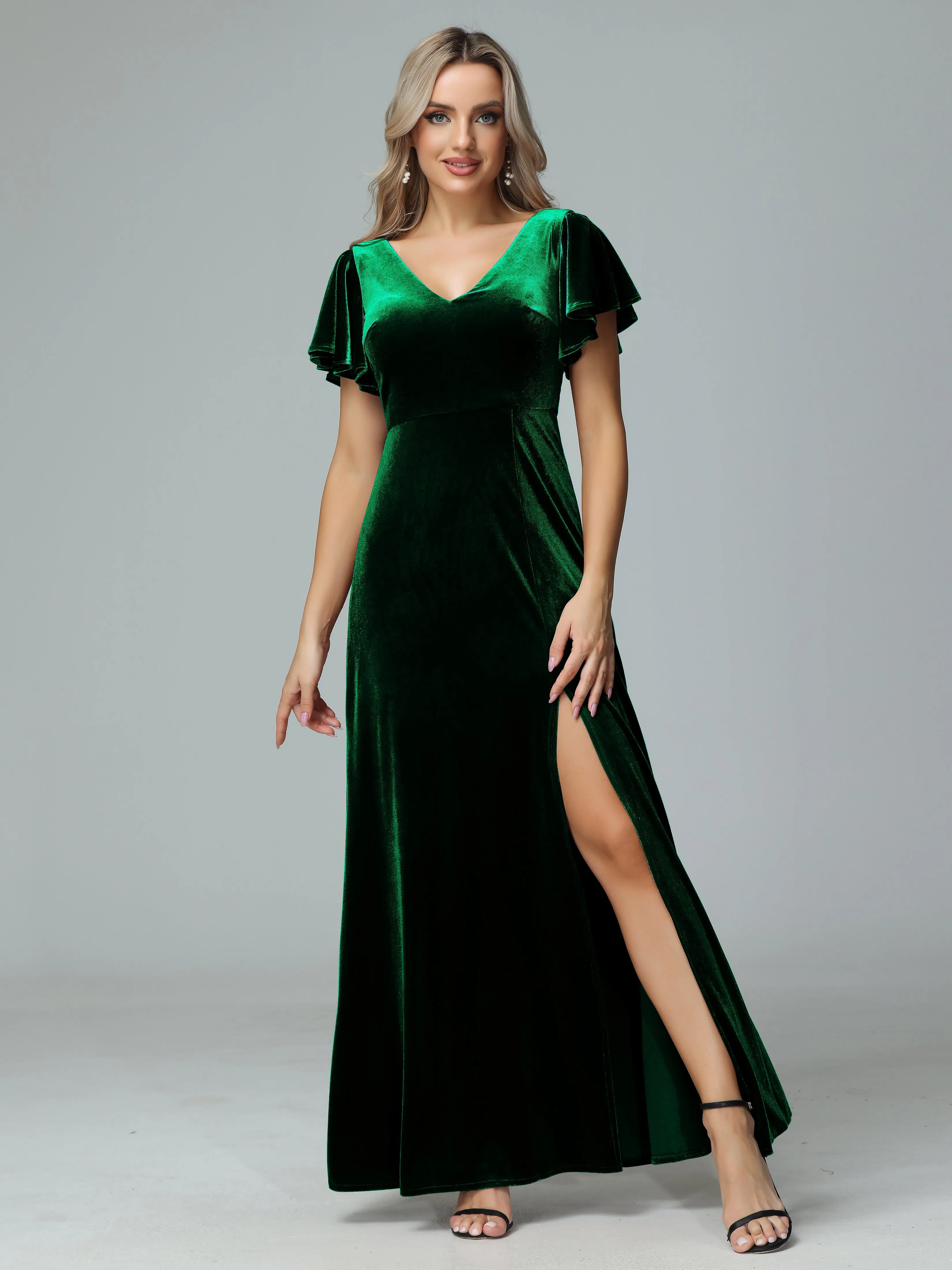 Ruffle Short Sleeves V-neck Velvet Bridesmaid Dresses