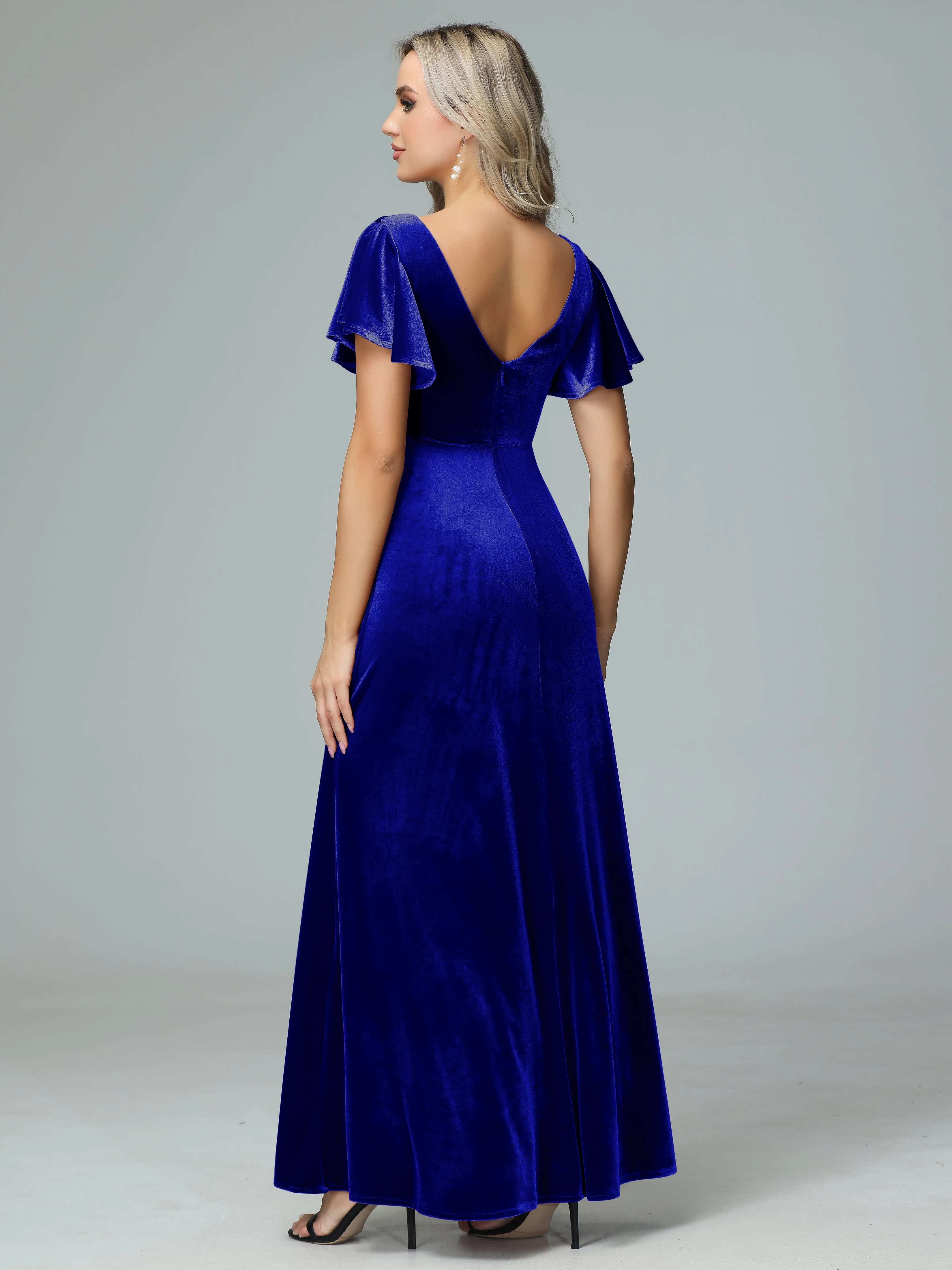 Ruffle Short Sleeves V-neck Velvet Bridesmaid Dresses