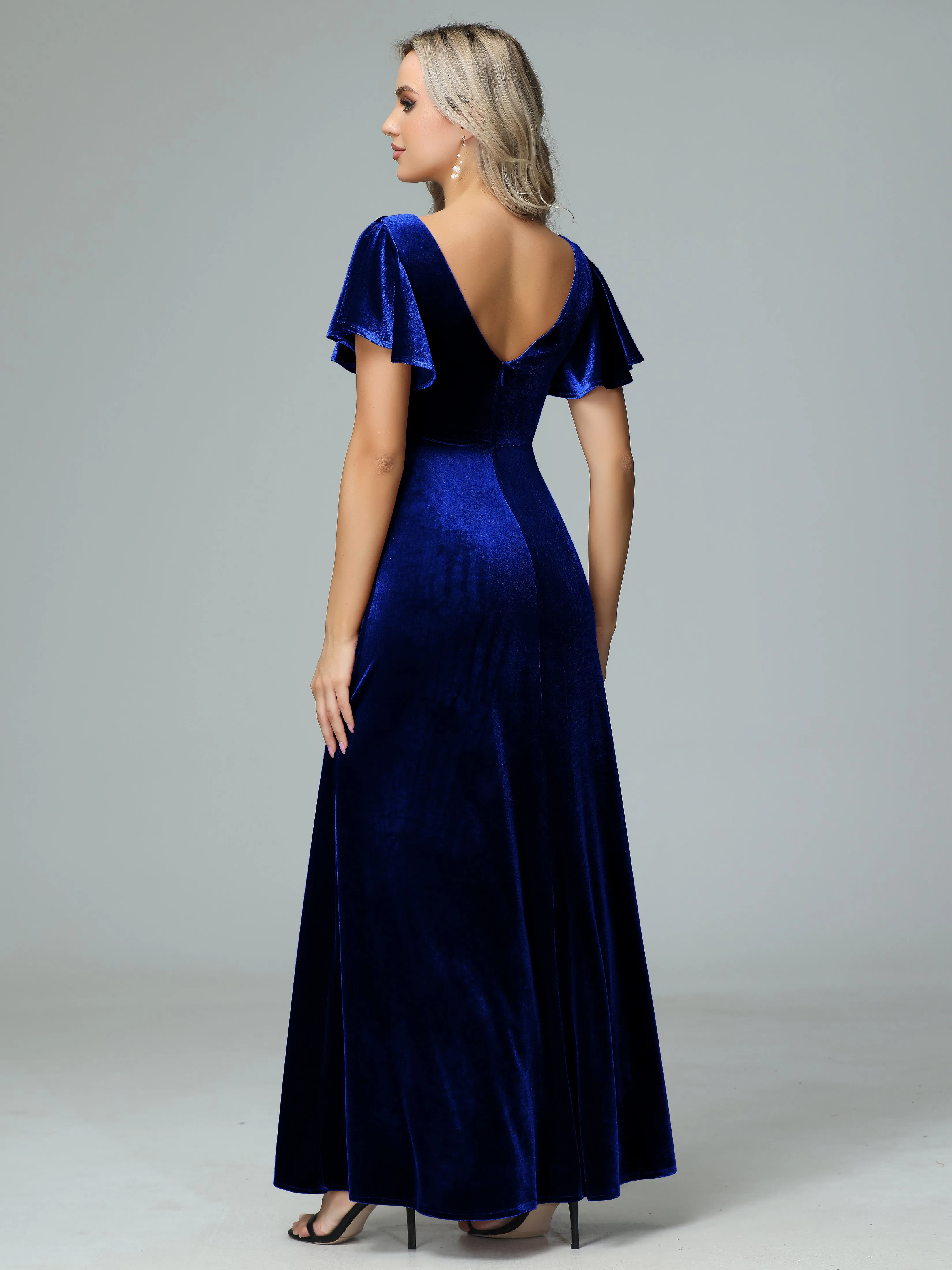 Ruffle Short Sleeves V-neck Velvet Bridesmaid Dresses