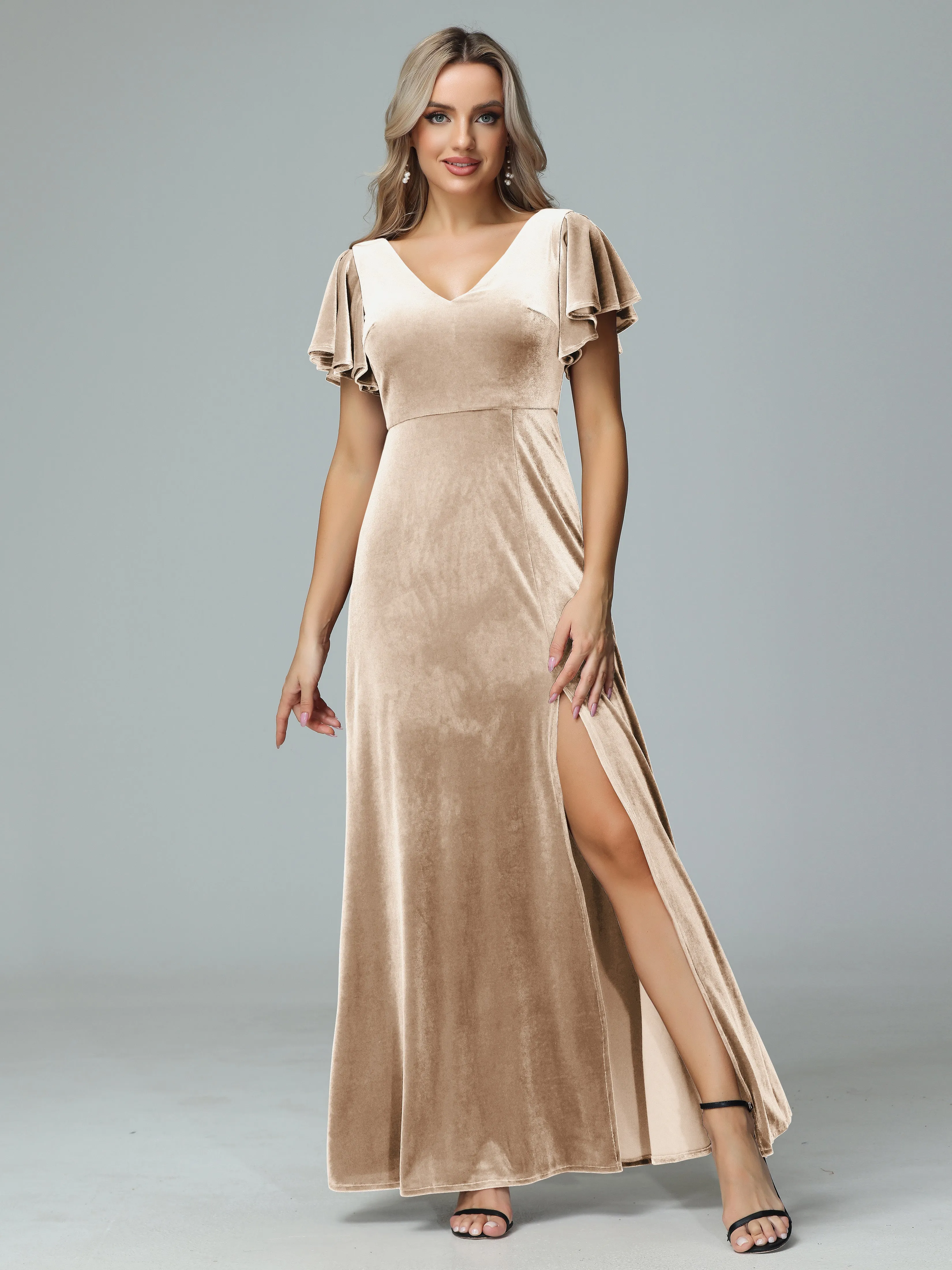Ruffle Short Sleeves V-neck Velvet Bridesmaid Dresses