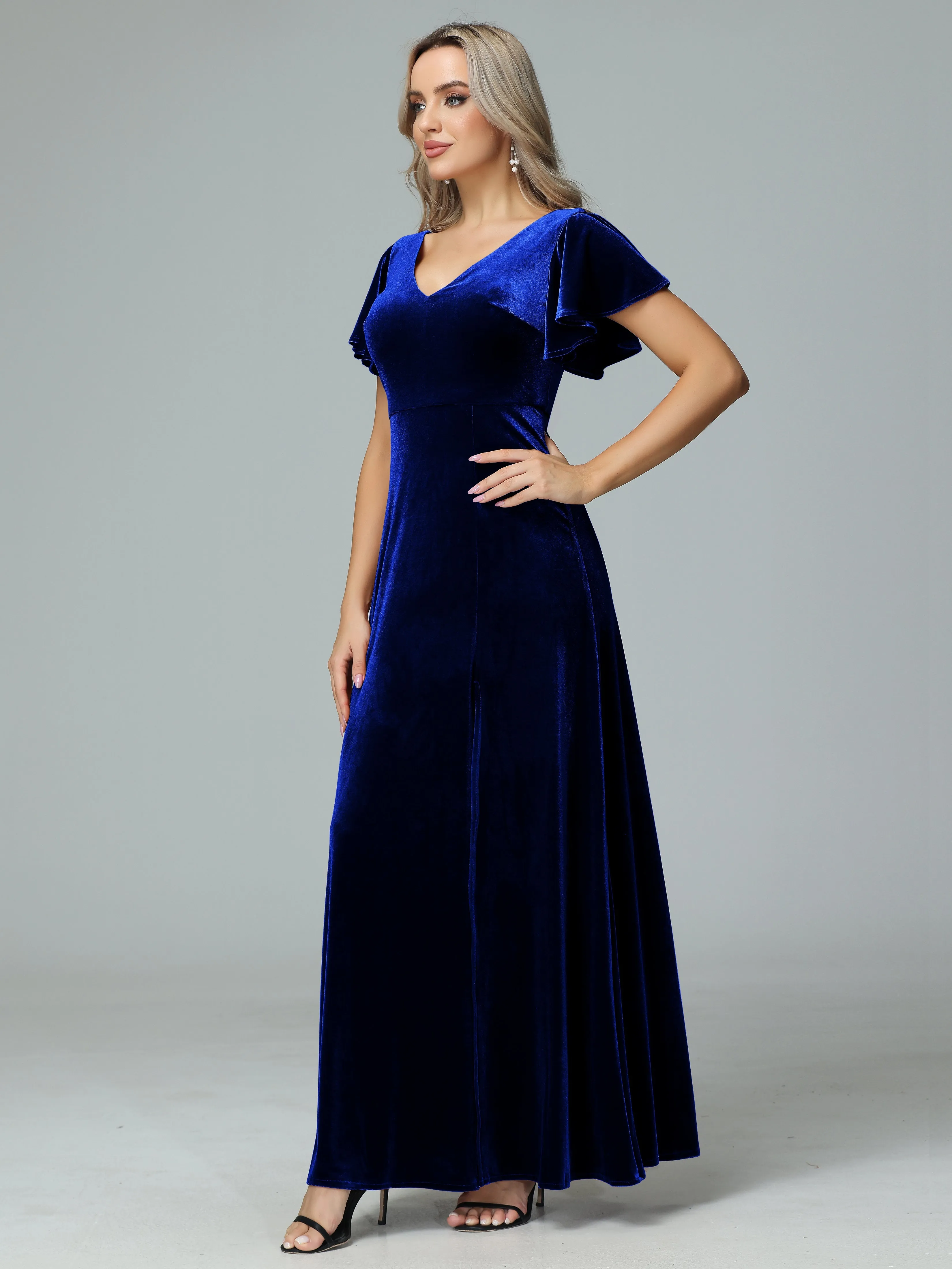 Ruffle Short Sleeves V-neck Velvet Bridesmaid Dresses